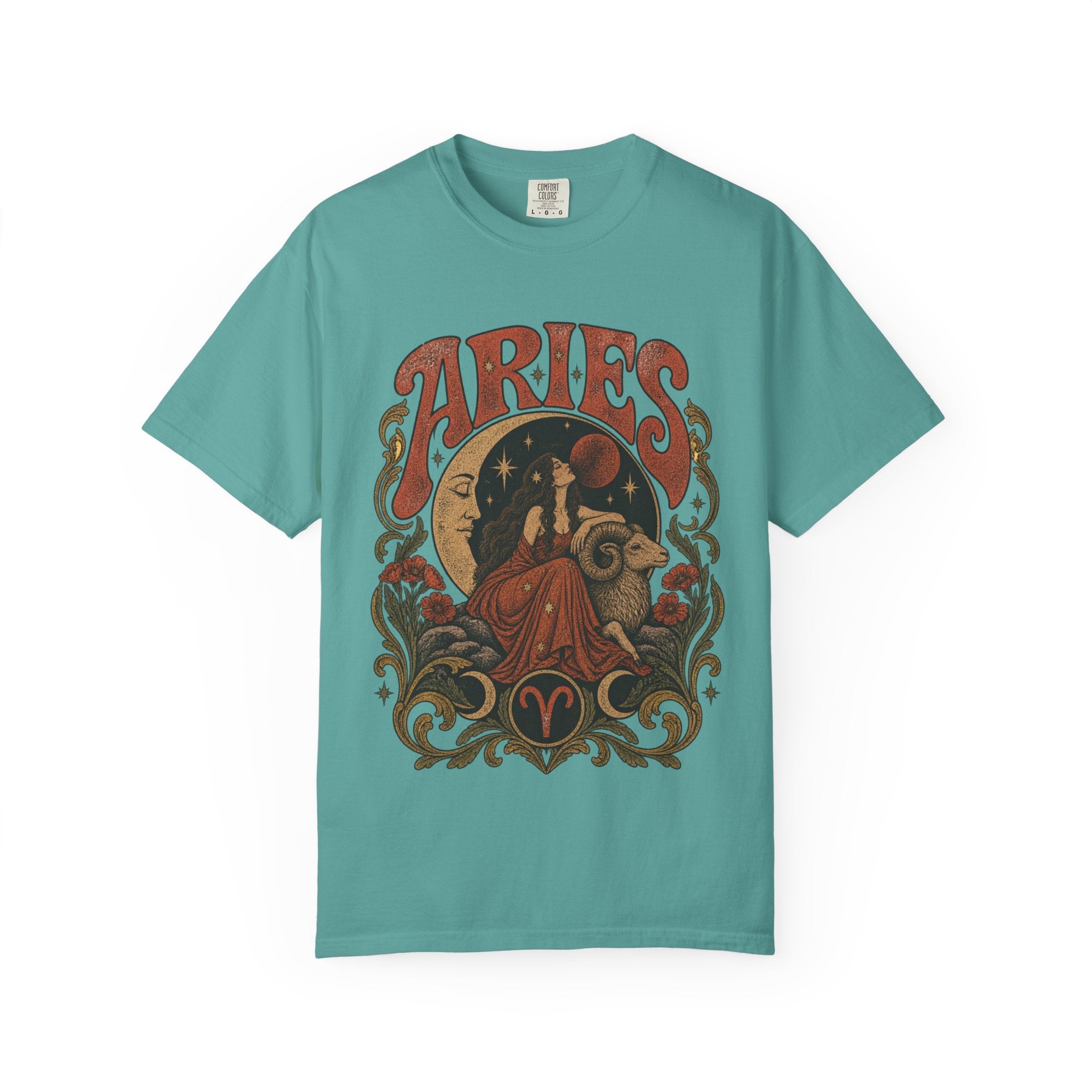Aries Zodiac T‑Shirt — Vintage Moon & Ram Astrology Tee