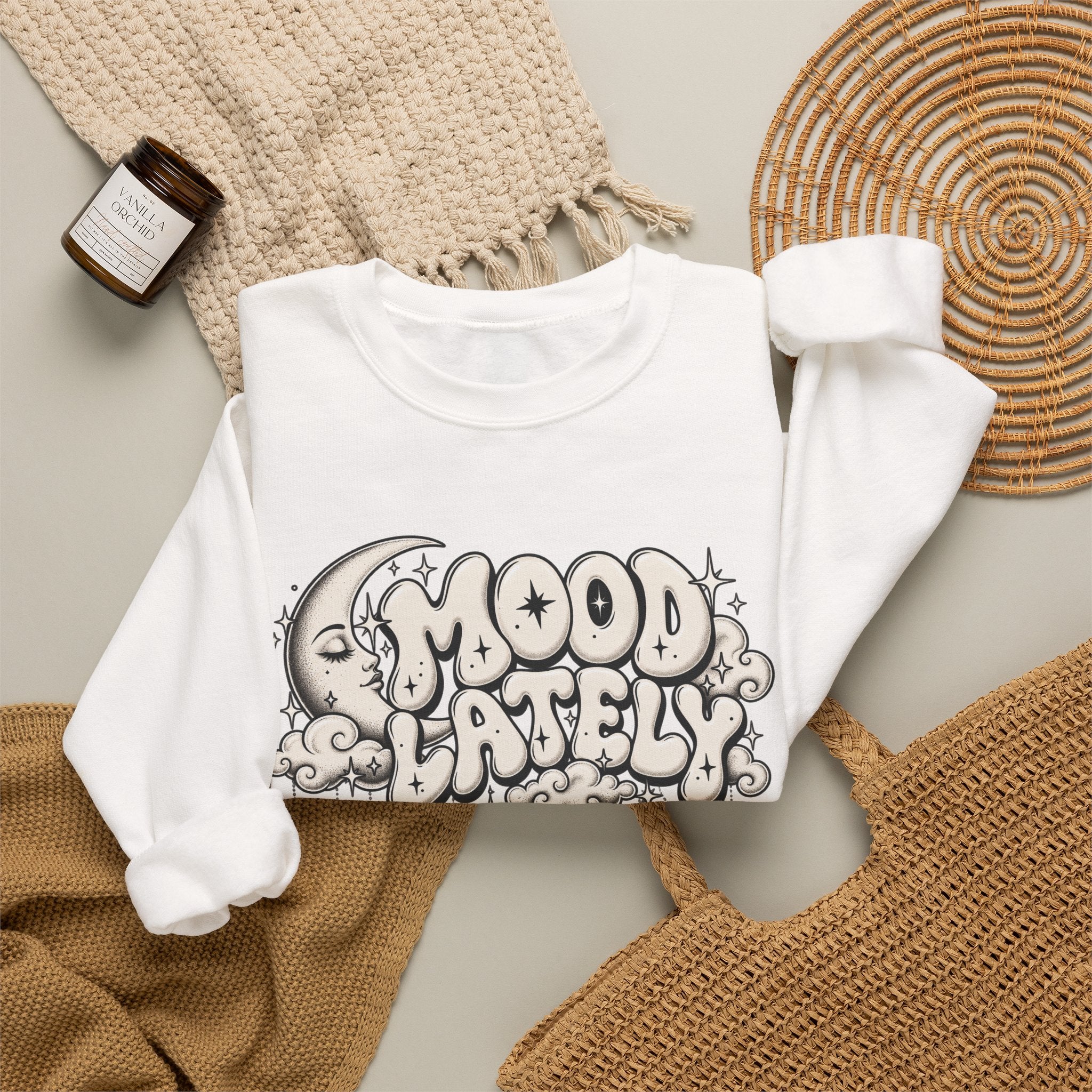 Crewneck Sweatshirt — 'Mood Lately' Retro Moon Graphic