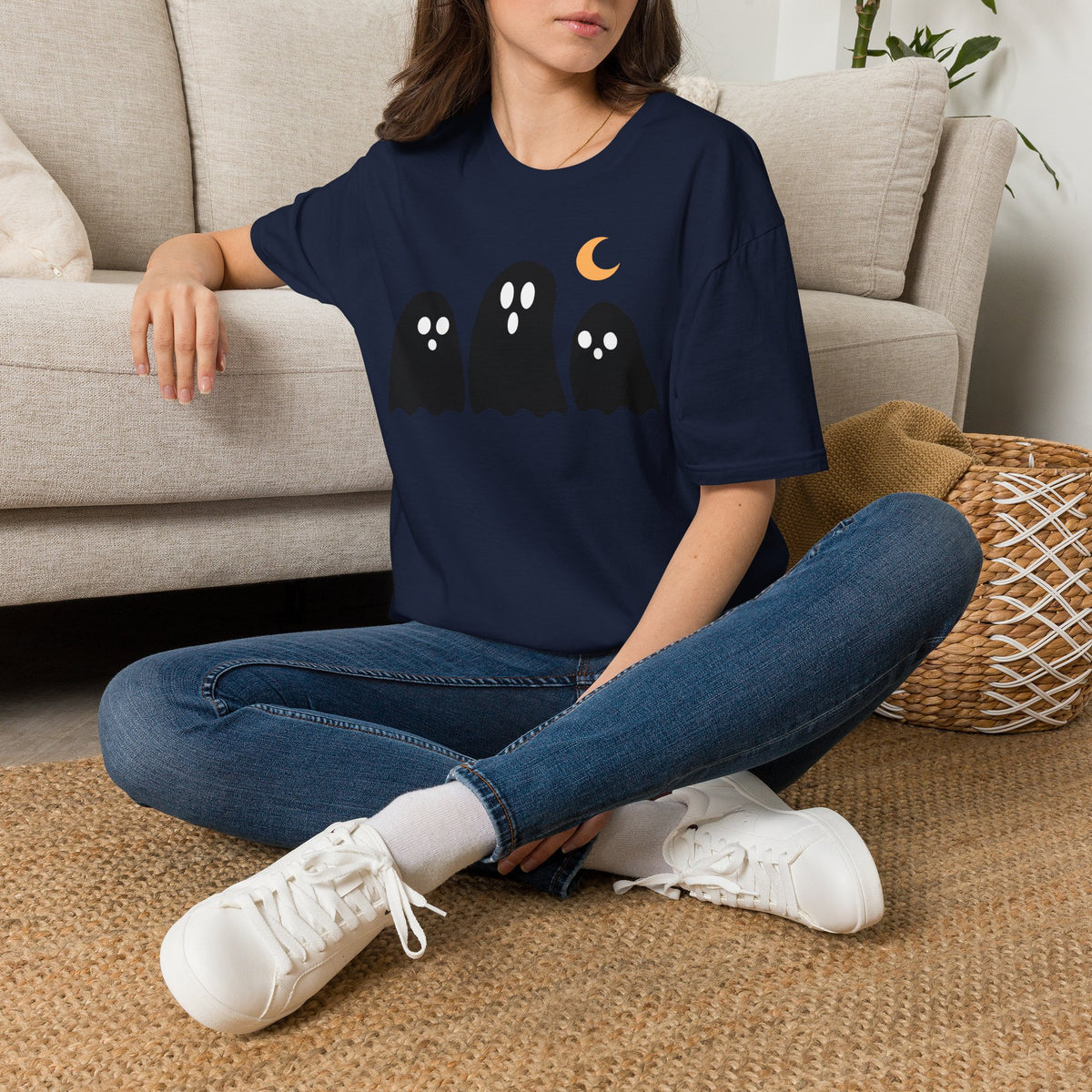 Ghost Trio T-Shirt — Cute Halloween Ghosts with Crescent Moon