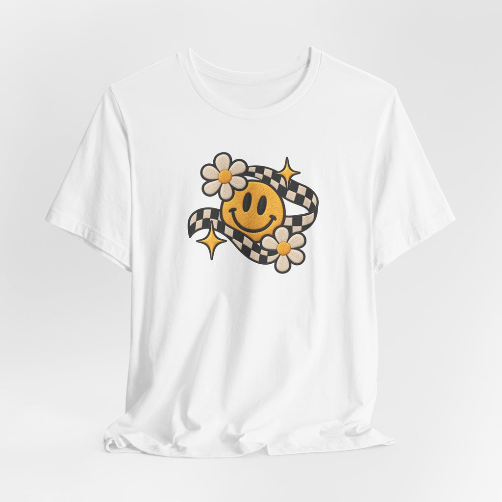Smiley Flower Checkerboard Tee — Retro Happy Face Graphic T-Shirt