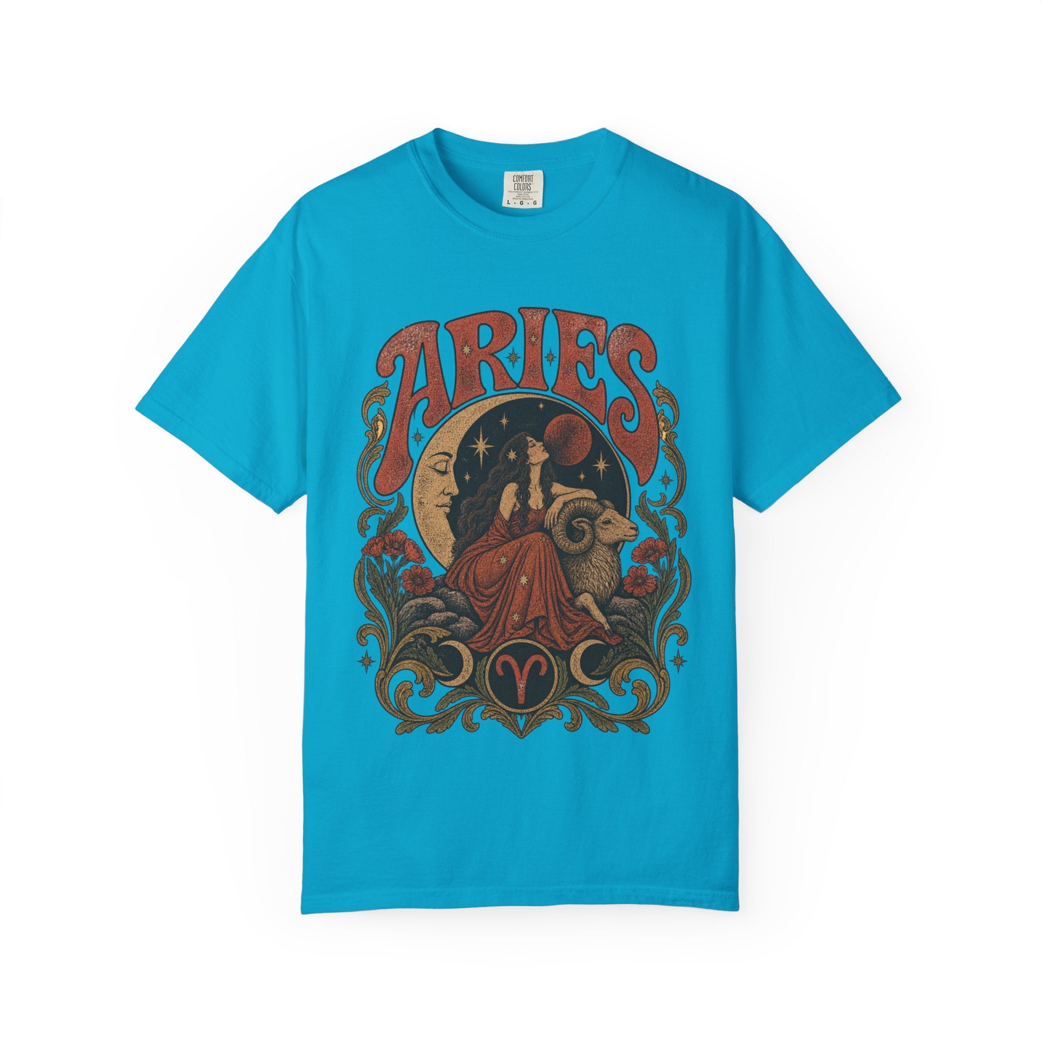 Aries Zodiac T‑Shirt — Vintage Moon & Ram Astrology Tee