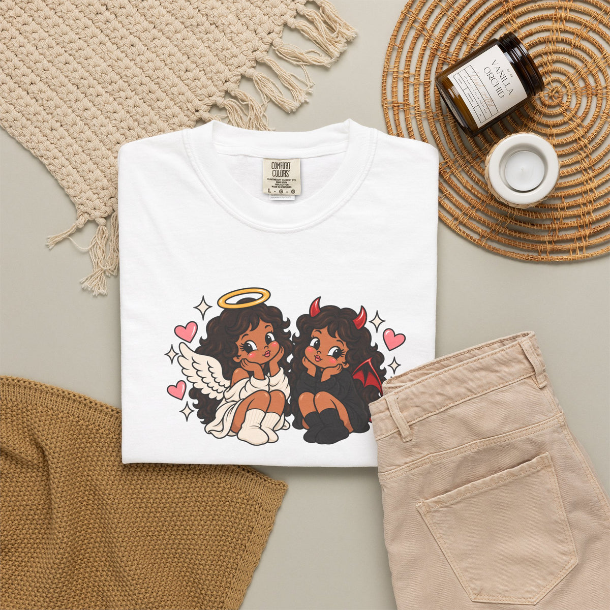 Angel and Devil Cute Graphic Tee — Kawaii Couple Illustration T-Shirt