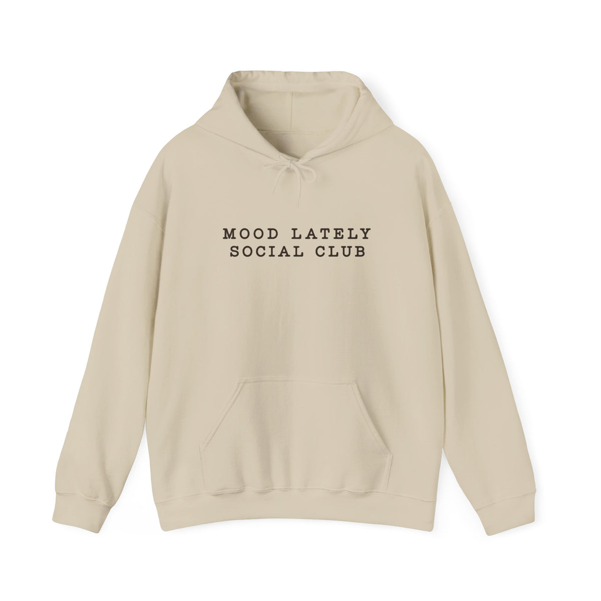 Mood Lately Social Club Hoodie — Minimal Text Graphic Pullover