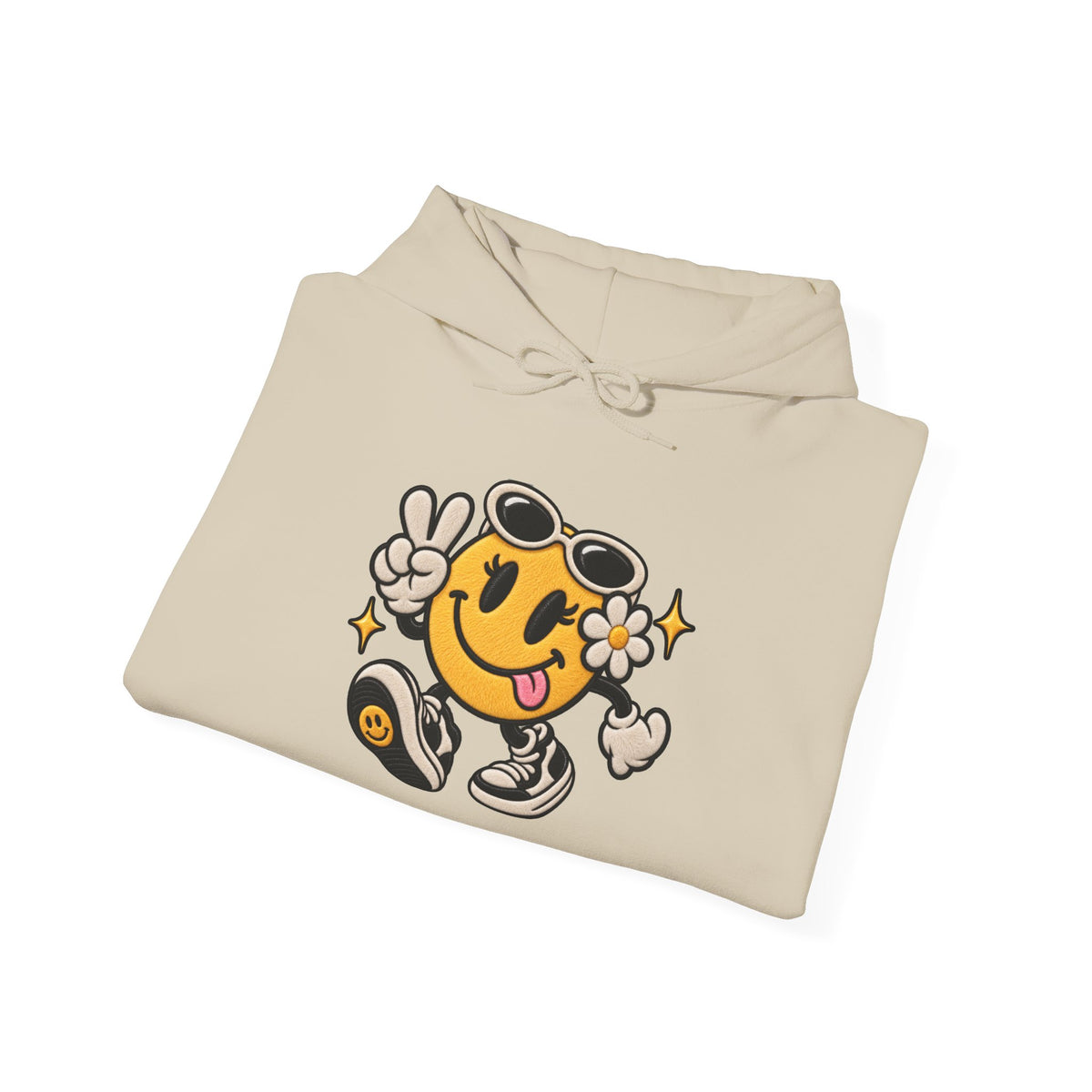 Smiley Peace Vibes Hoodie – Retro Dancing Smiley with Sunglasses