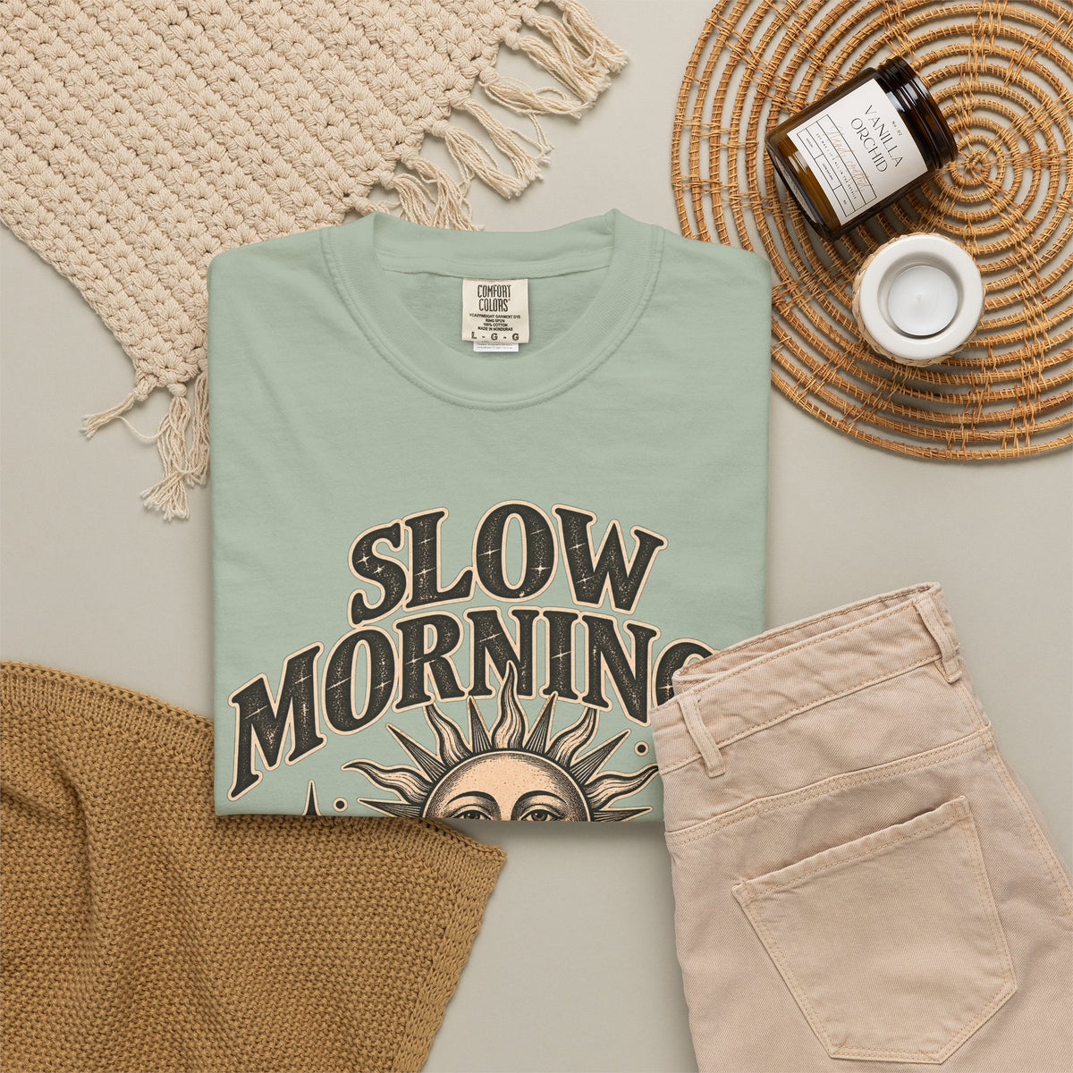 Slow Mornings Tee — Retro Sunrise Garment-Dyed Graphic T-Shirt