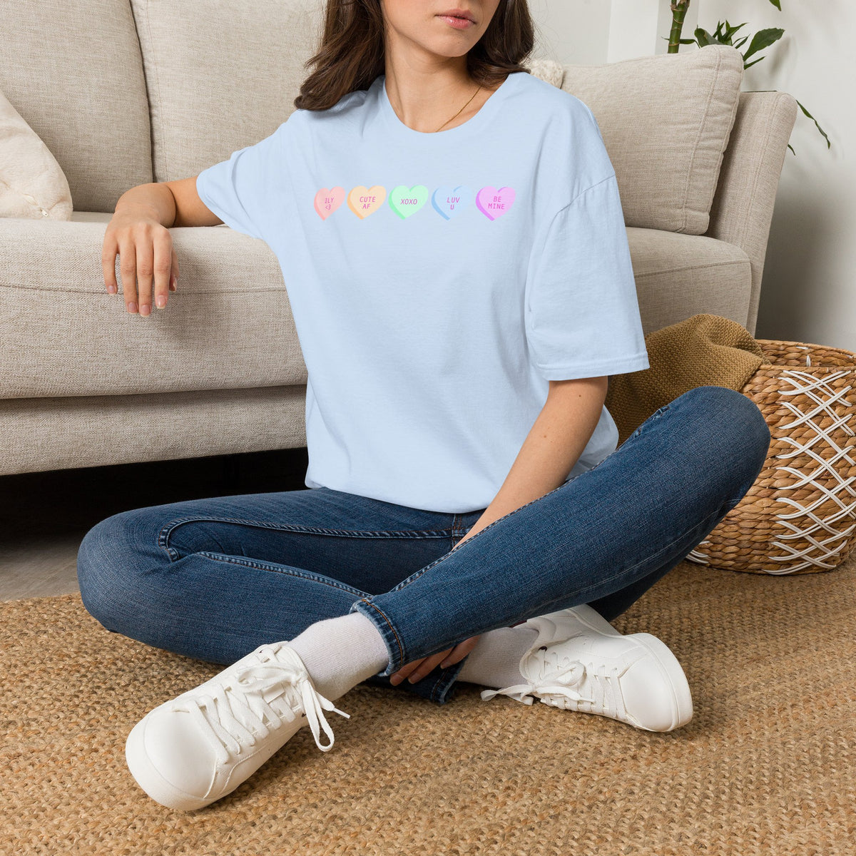 Conversation Heart Candy T-Shirt — Pastel ‘Be Mine, Cute AF, XOXO, Luv U’ Graphic