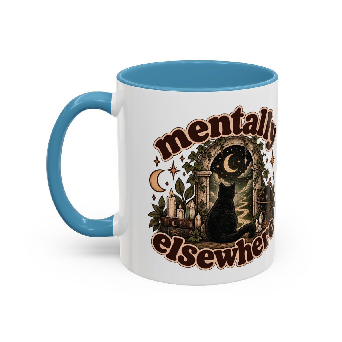 Mentally Elsewhere Mug — Black Cat Celestial Ceramic Coffee Mug