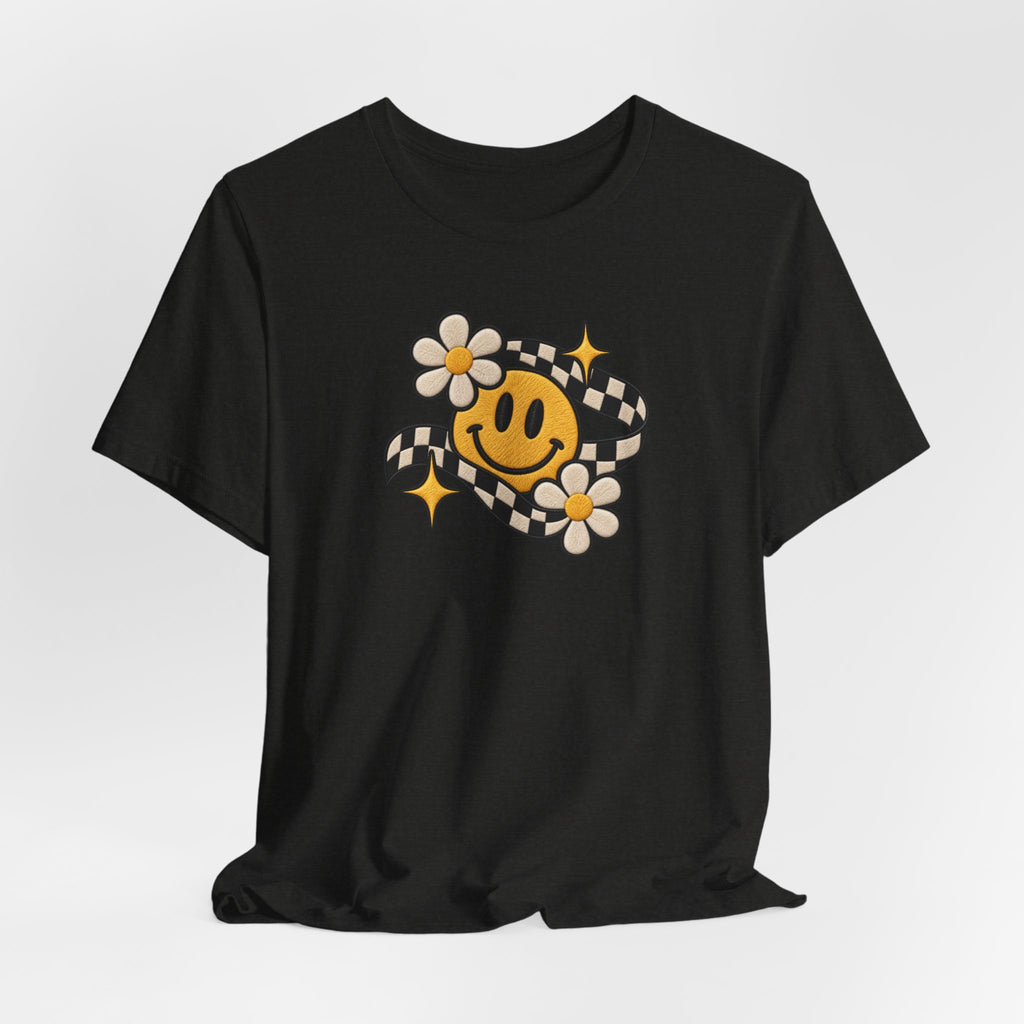 Smiley Flower Checkerboard Tee — Retro Happy Face Graphic T-Shirt