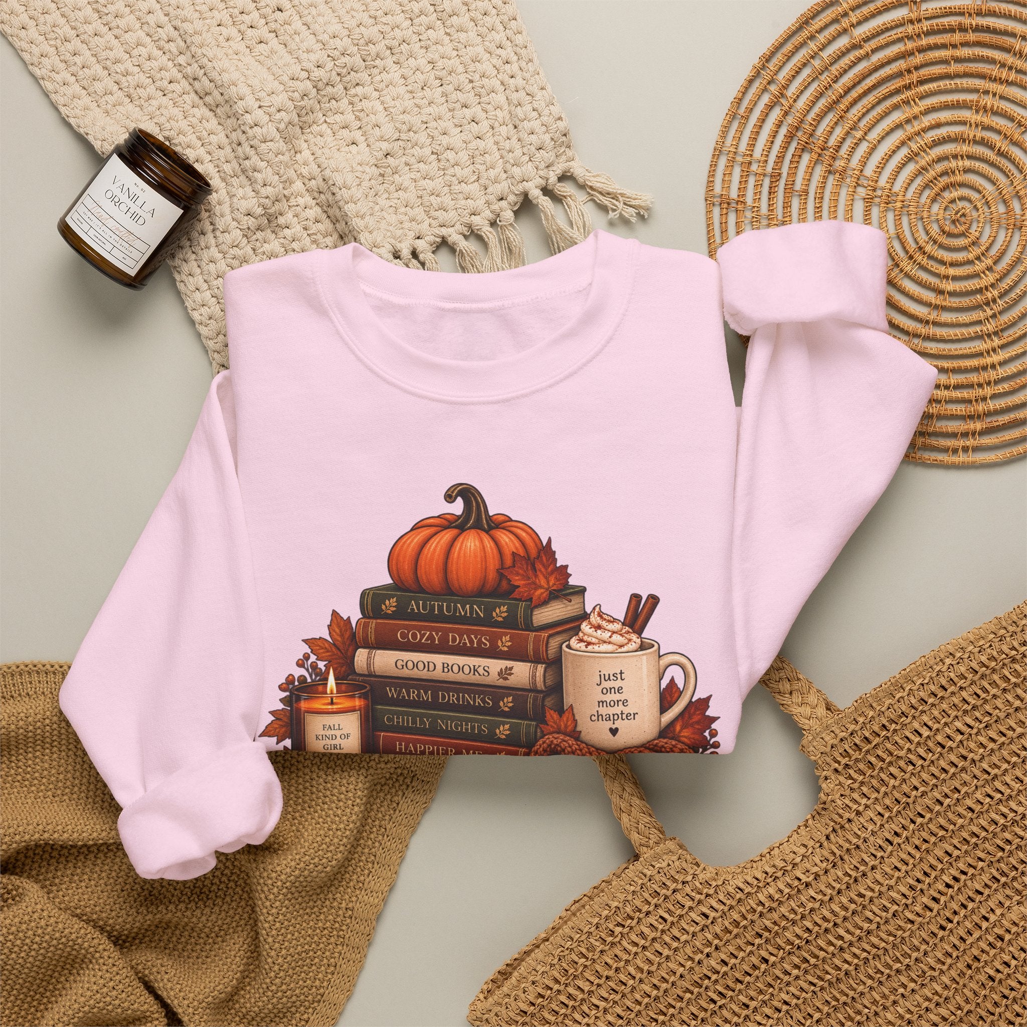 Fall Bookstack Crewneck Sweatshirt — Cozy Pumpkin Reading Vibes