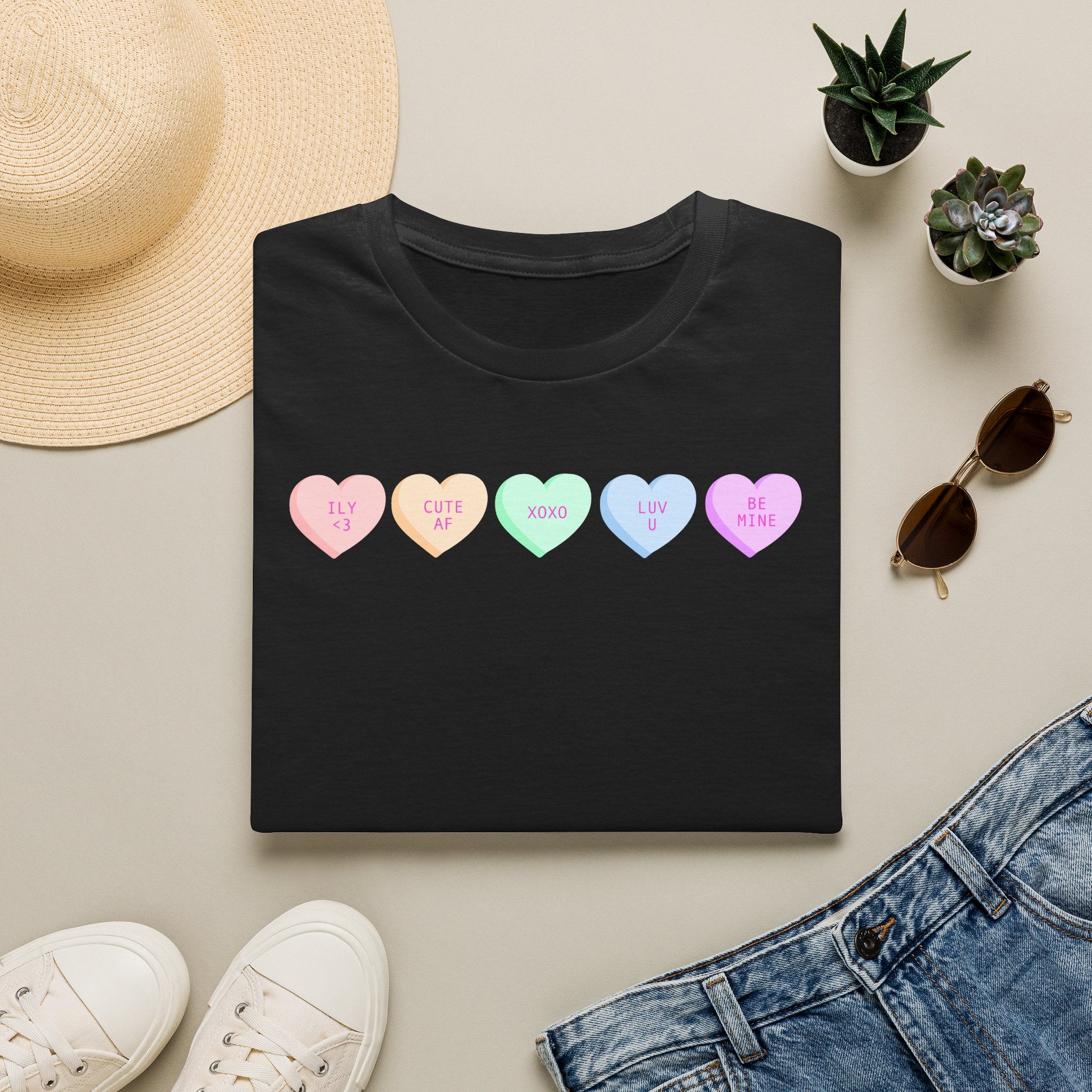 Conversation Heart Candy T-Shirt — Pastel ‘Be Mine, Cute AF, XOXO, Luv U’ Graphic