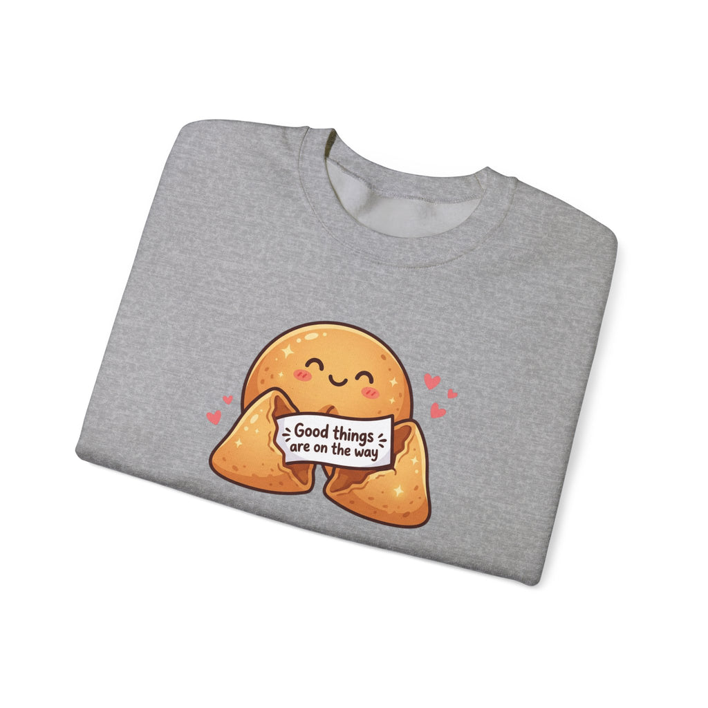 Crewneck Sweatshirt — Cute Fortune Cookie Graphic “Good Things Are On The Way”