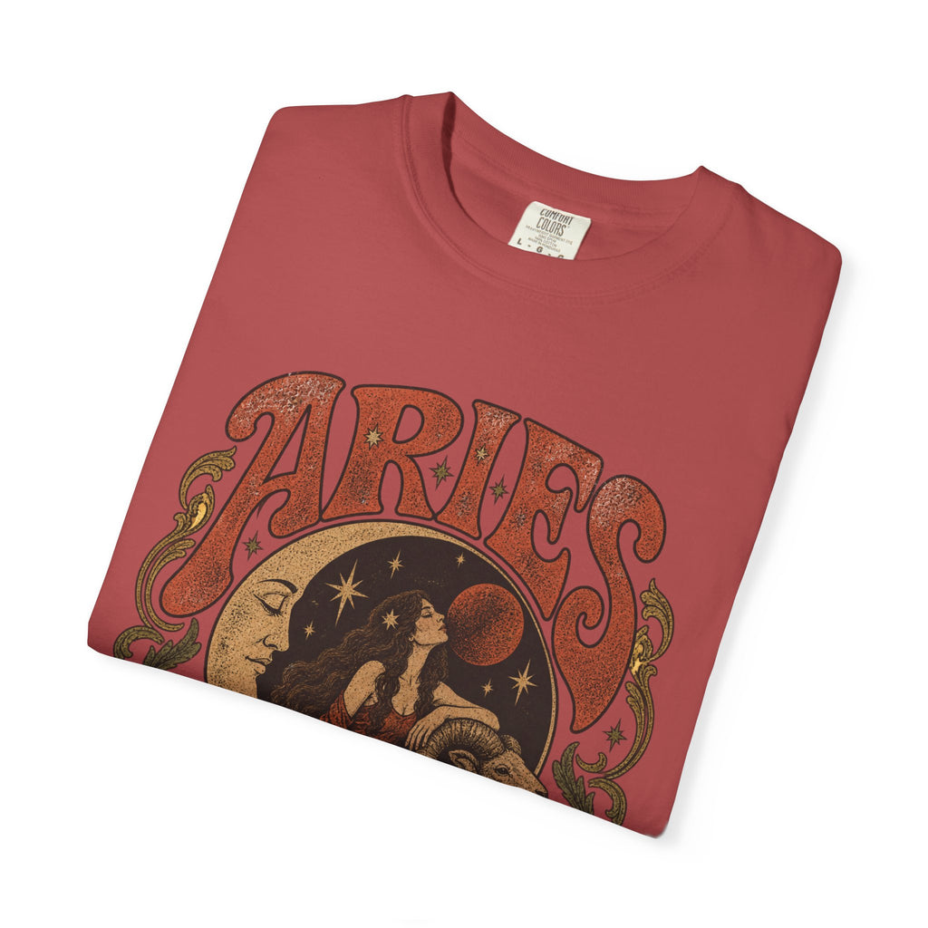 Aries Zodiac T‑Shirt — Vintage Moon & Ram Astrology Tee