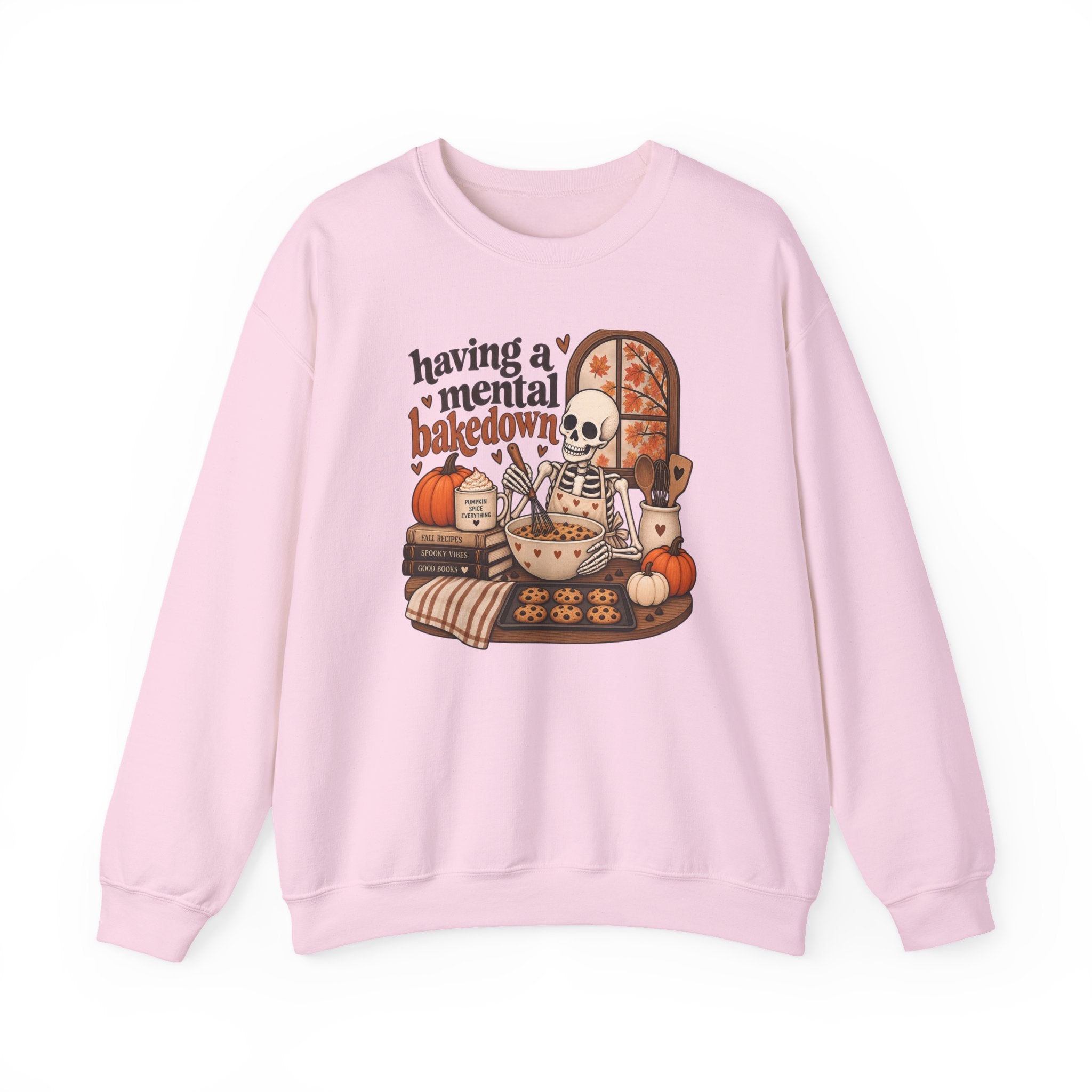 Fall Baking Skeleton Sweatshirt – “Having a Mental Bakedown” Cozy Halloween Crewneck