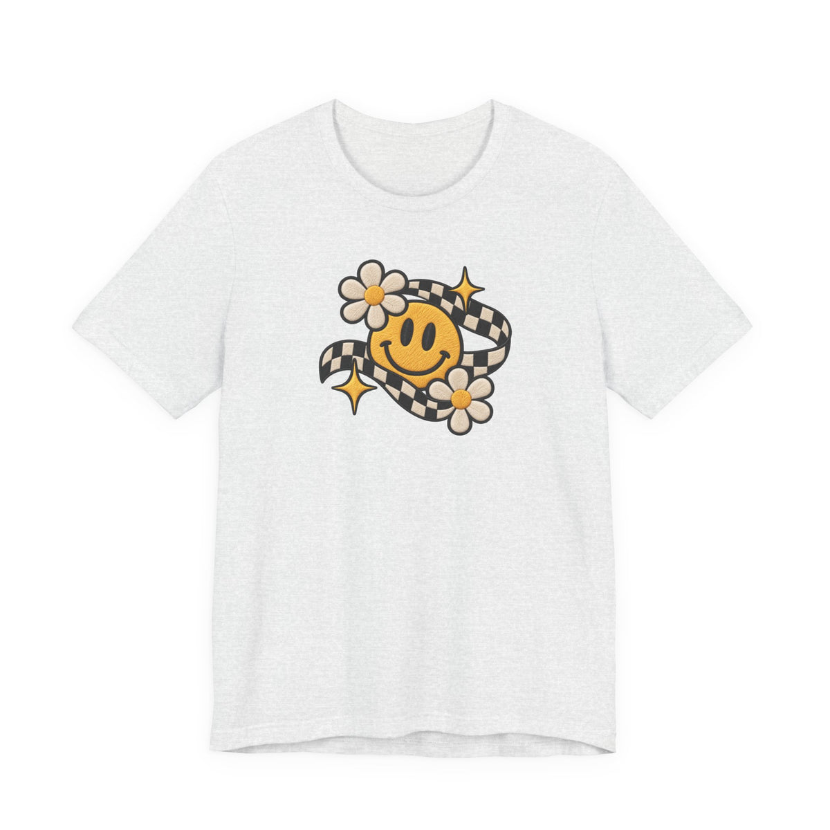 Smiley Flower Checkerboard Tee — Retro Happy Face Graphic T-Shirt