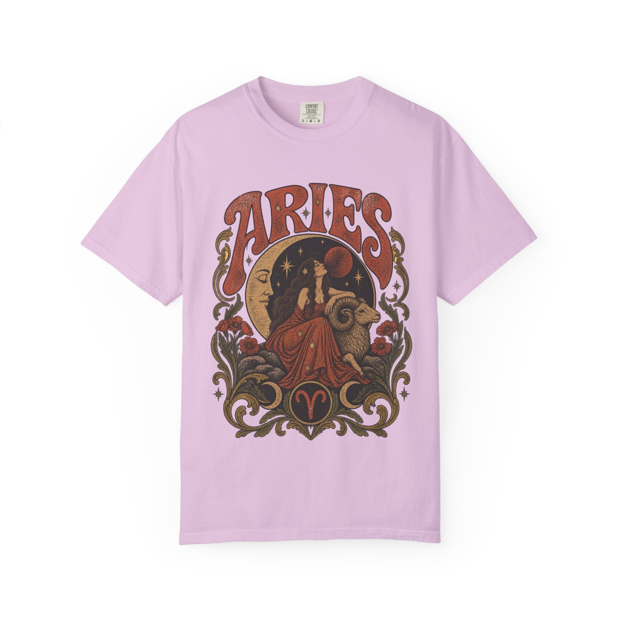 Aries Zodiac T‑Shirt — Vintage Moon & Ram Astrology Tee