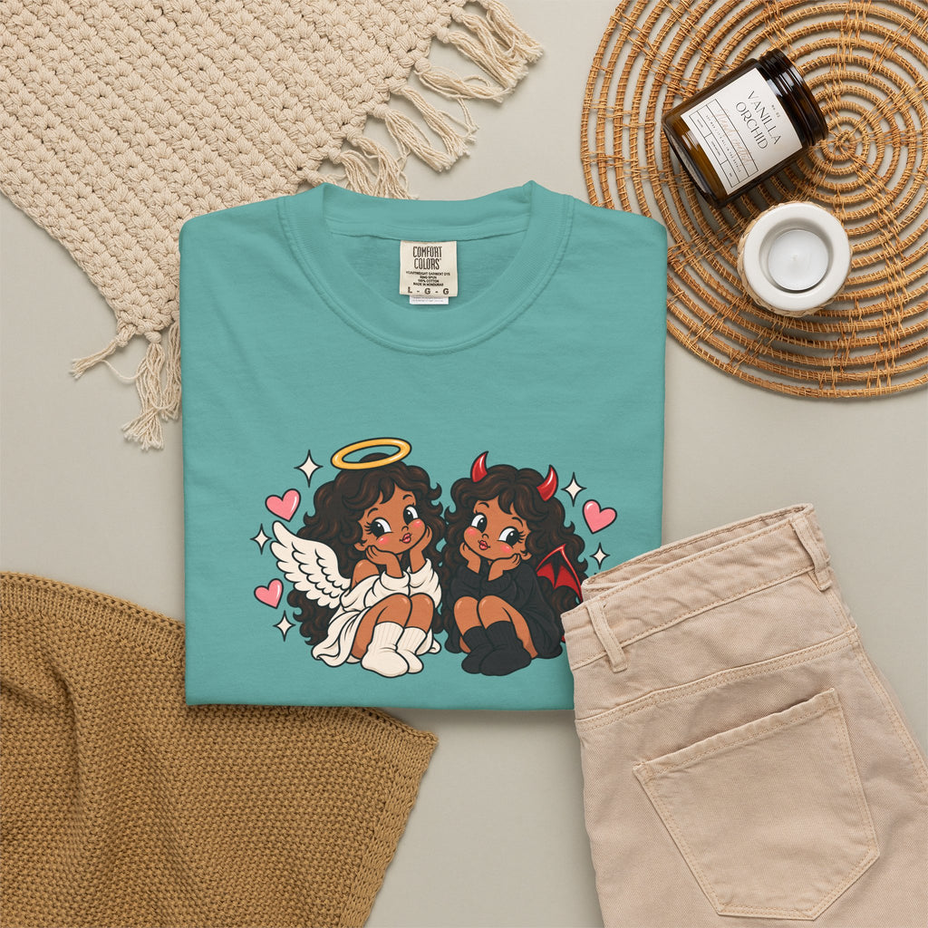 Angel and Devil Cute Graphic Tee — Kawaii Couple Illustration T-Shirt