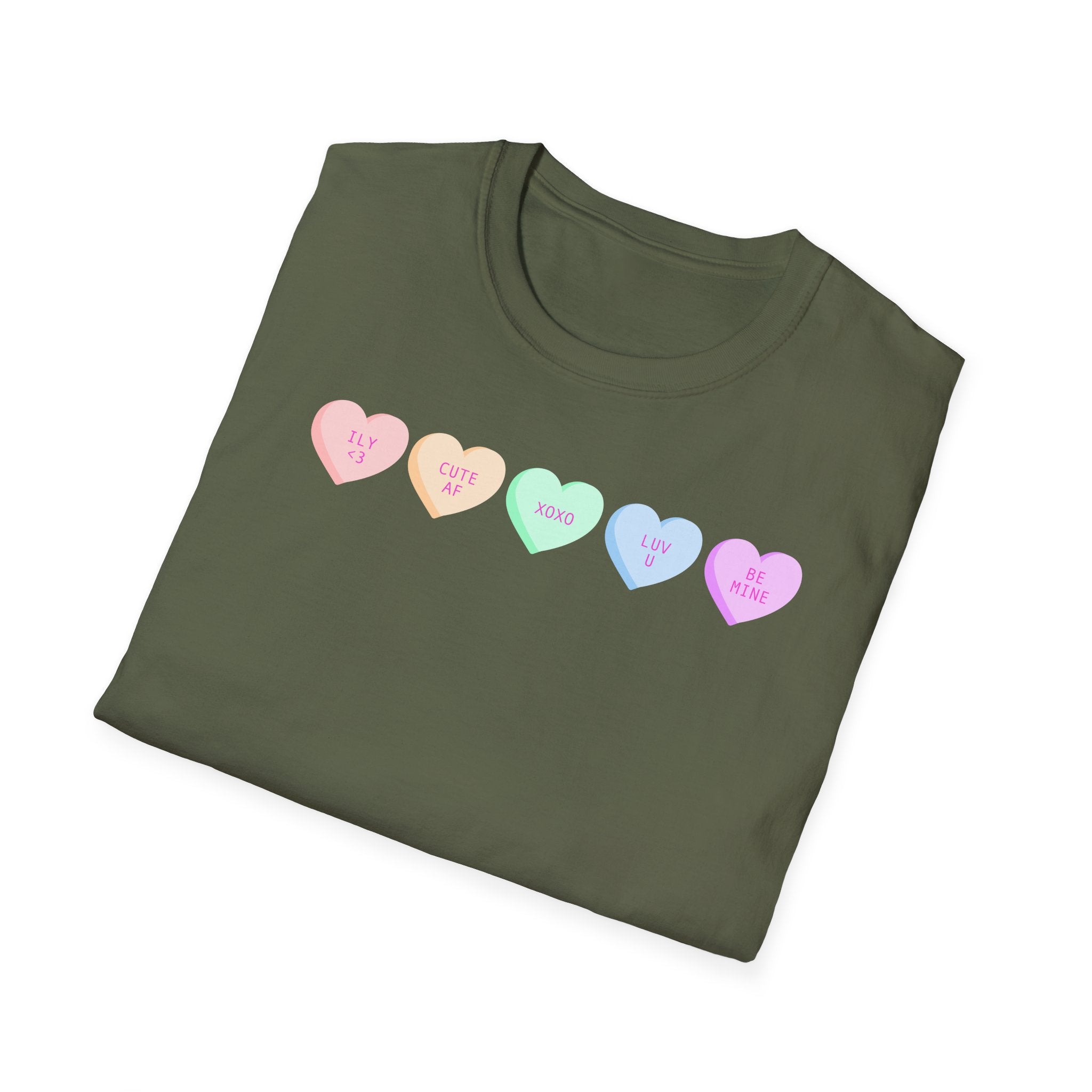 Conversation Heart Candy T-Shirt — Pastel ‘Be Mine, Cute AF, XOXO, Luv U’ Graphic