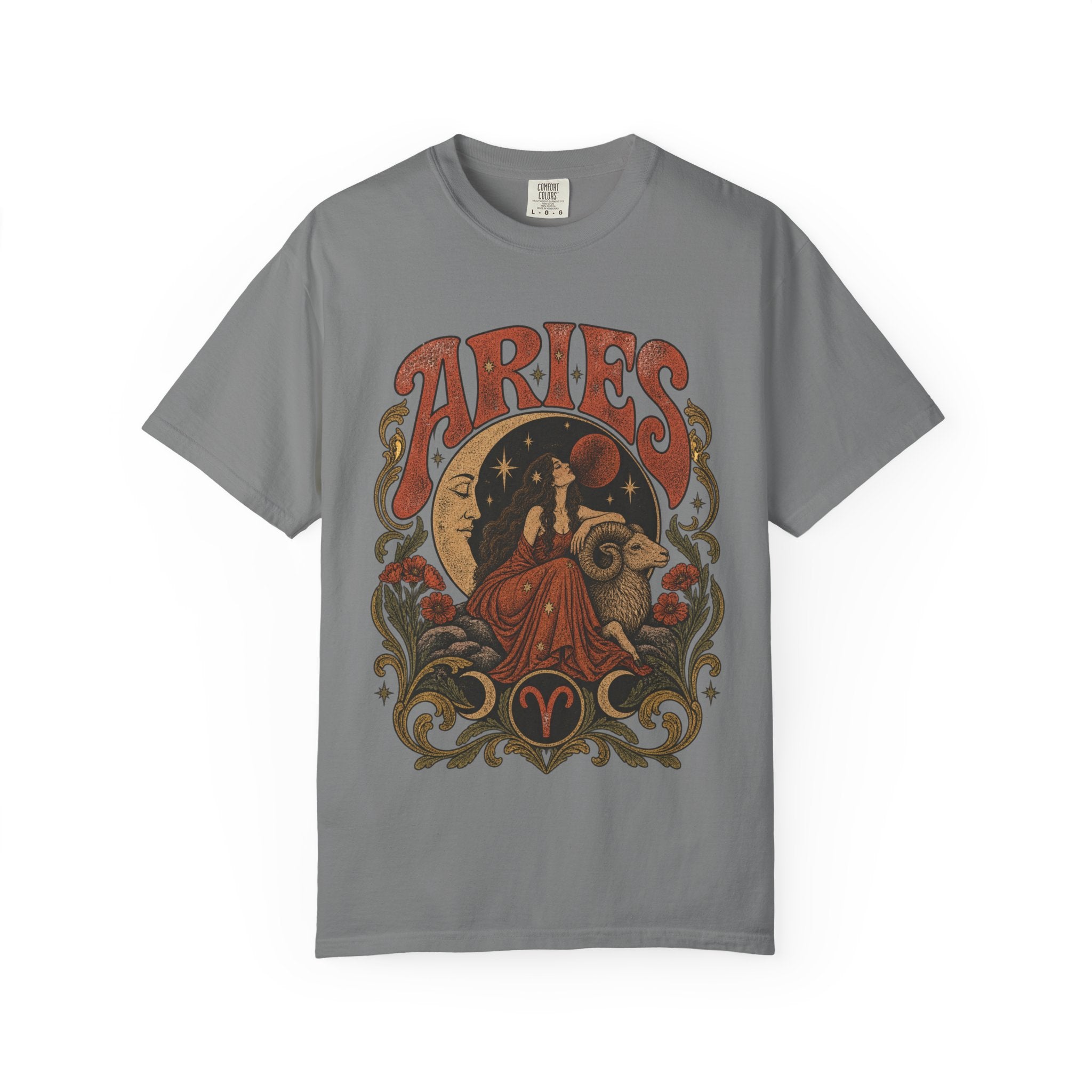 Aries Zodiac T‑Shirt — Vintage Moon & Ram Astrology Tee