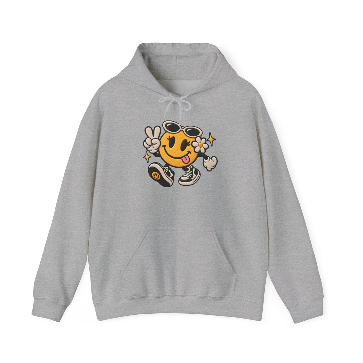 Smiley Peace Vibes Hoodie – Retro Dancing Smiley with Sunglasses