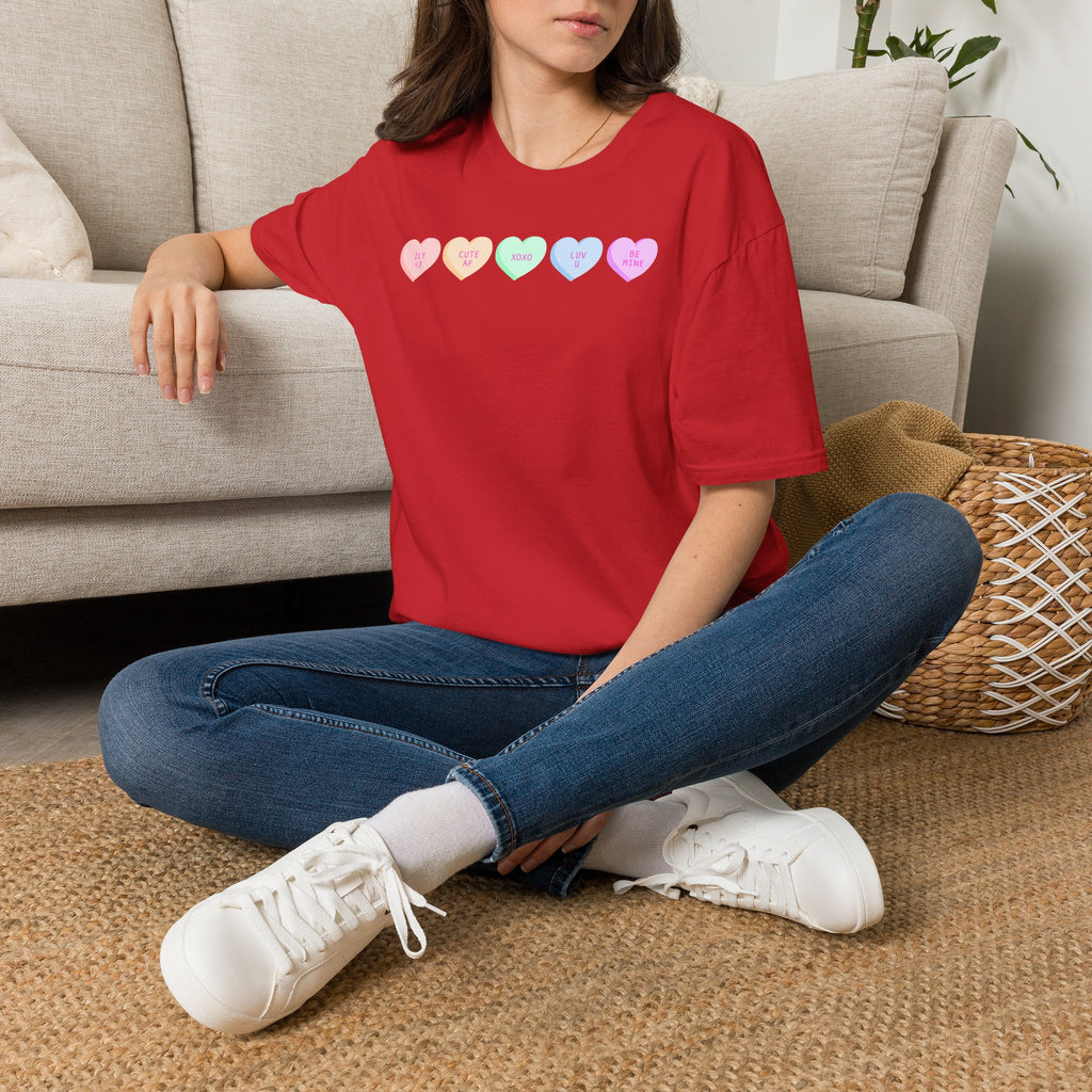 Conversation Heart Candy T-Shirt — Pastel ‘Be Mine, Cute AF, XOXO, Luv U’ Graphic