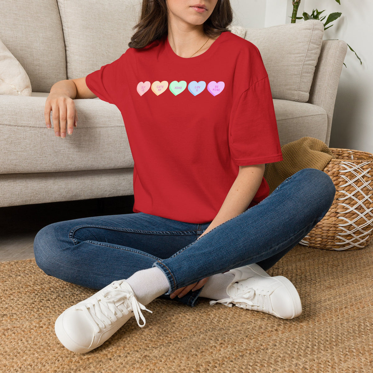 Conversation Heart Candy T-Shirt — Pastel ‘Be Mine, Cute AF, XOXO, Luv U’ Graphic