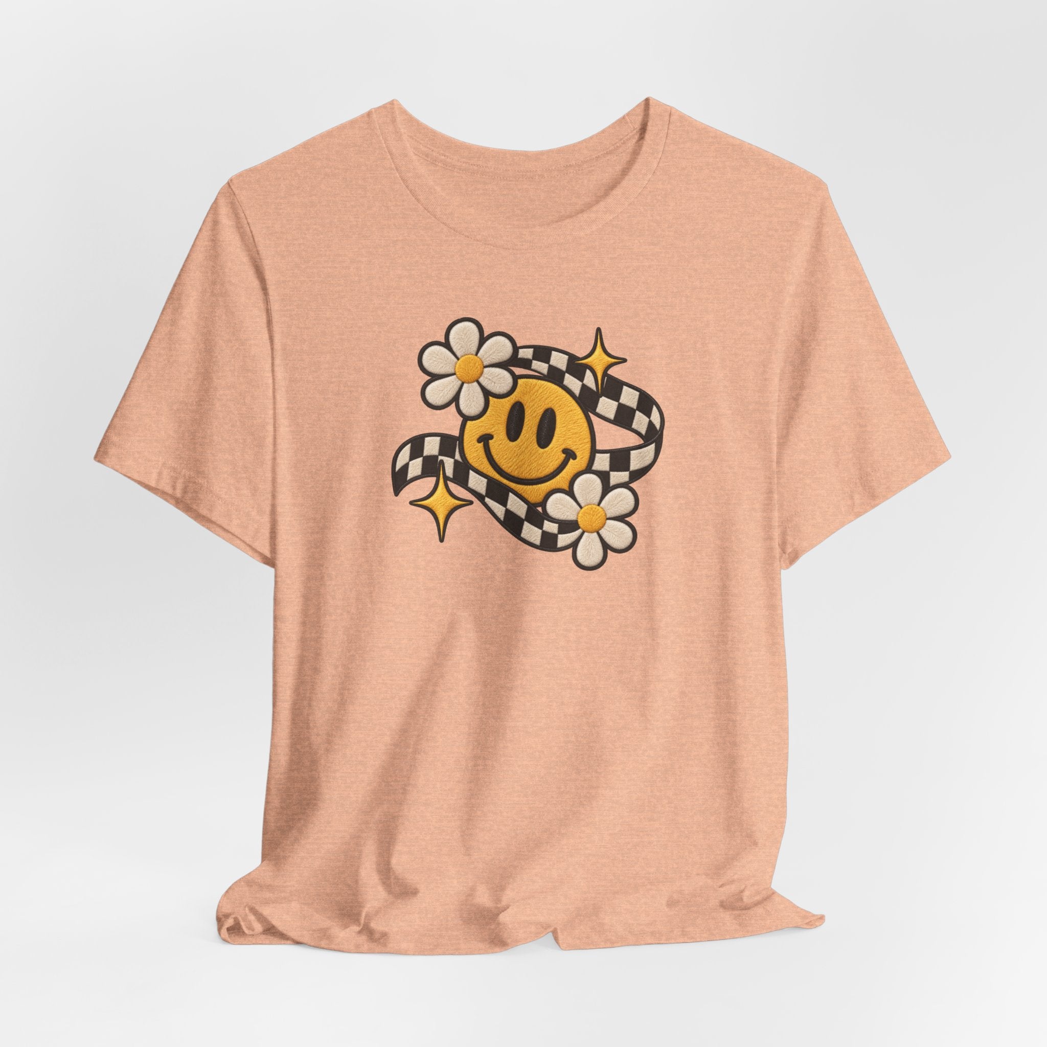 Smiley Flower Checkerboard Tee — Retro Happy Face Graphic T-Shirt