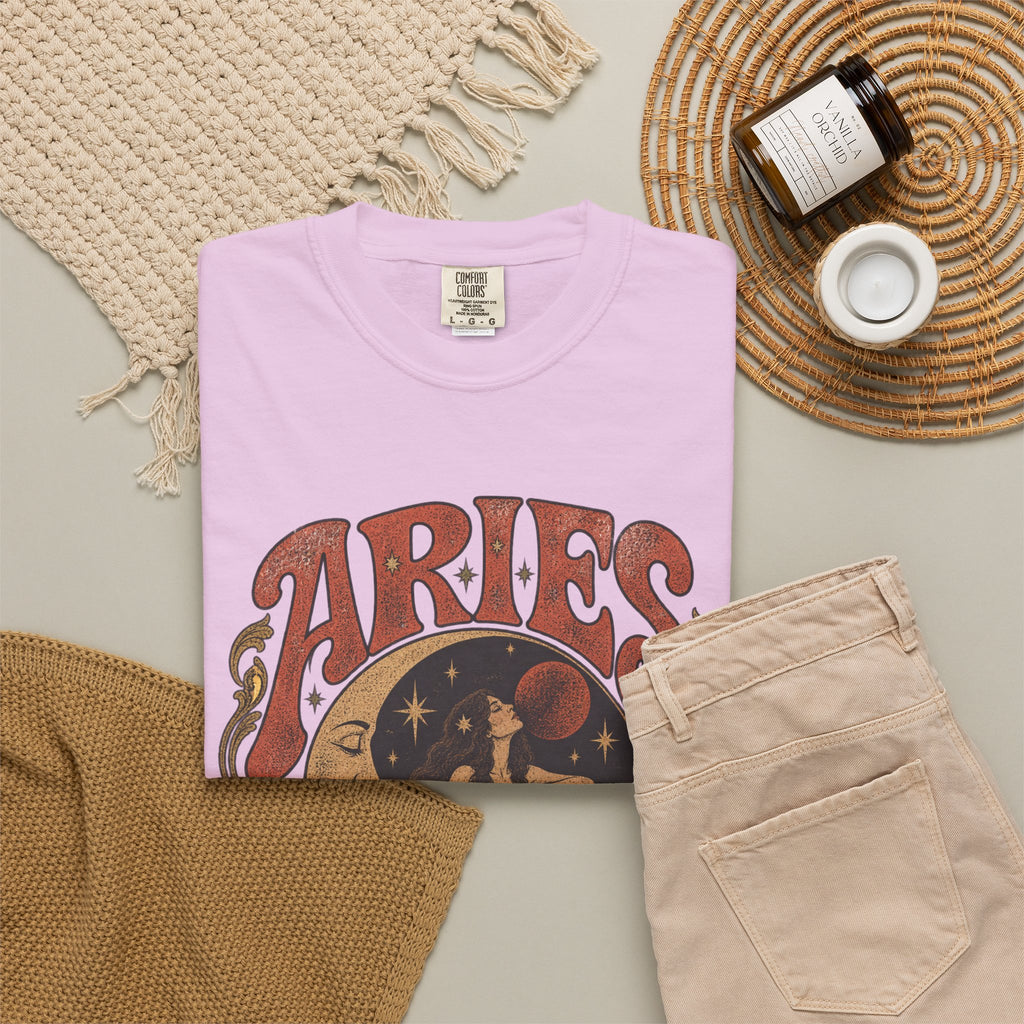 Aries Zodiac T‑Shirt — Vintage Moon & Ram Astrology Tee