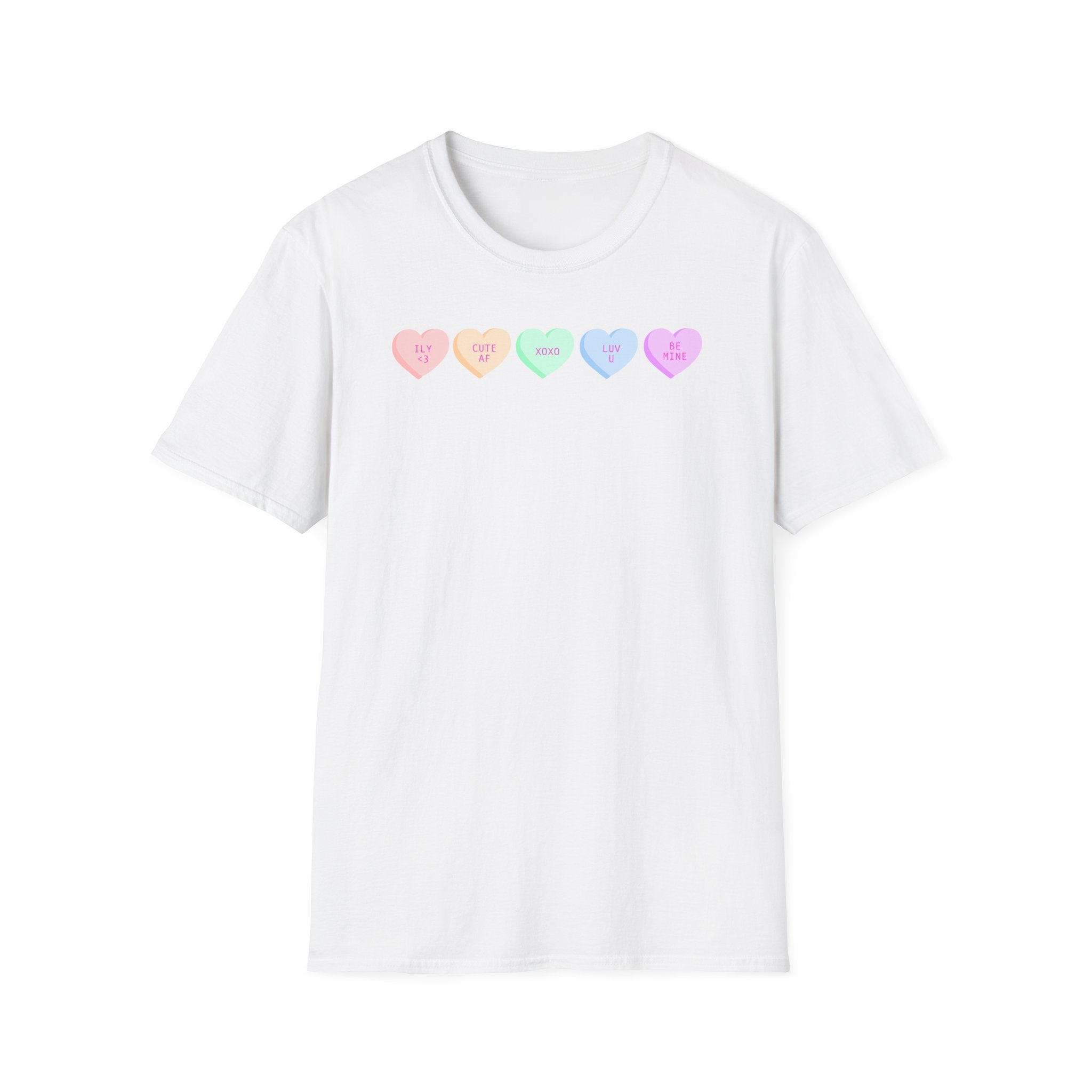 Conversation Heart Candy T-Shirt — Pastel ‘Be Mine, Cute AF, XOXO, Luv U’ Graphic