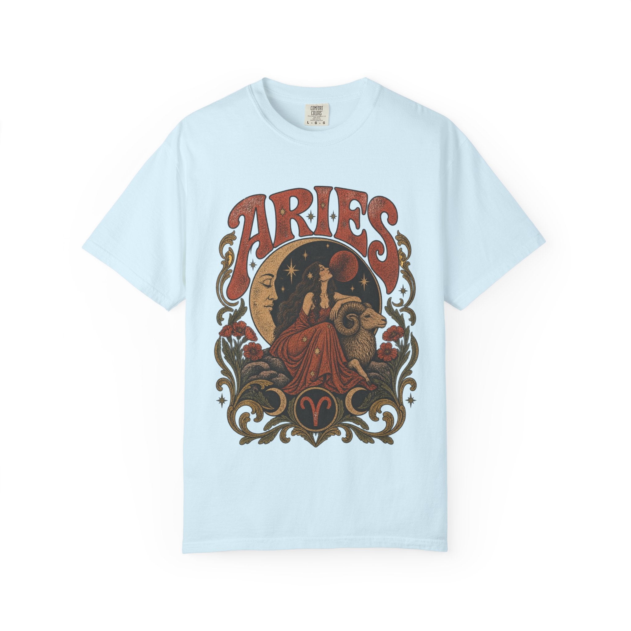 Aries Zodiac T‑Shirt — Vintage Moon & Ram Astrology Tee
