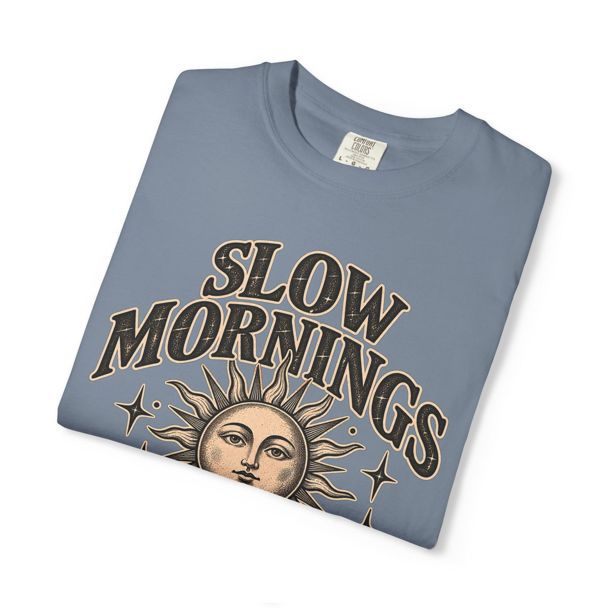 Slow Mornings Tee — Retro Sunrise Garment-Dyed Graphic T-Shirt