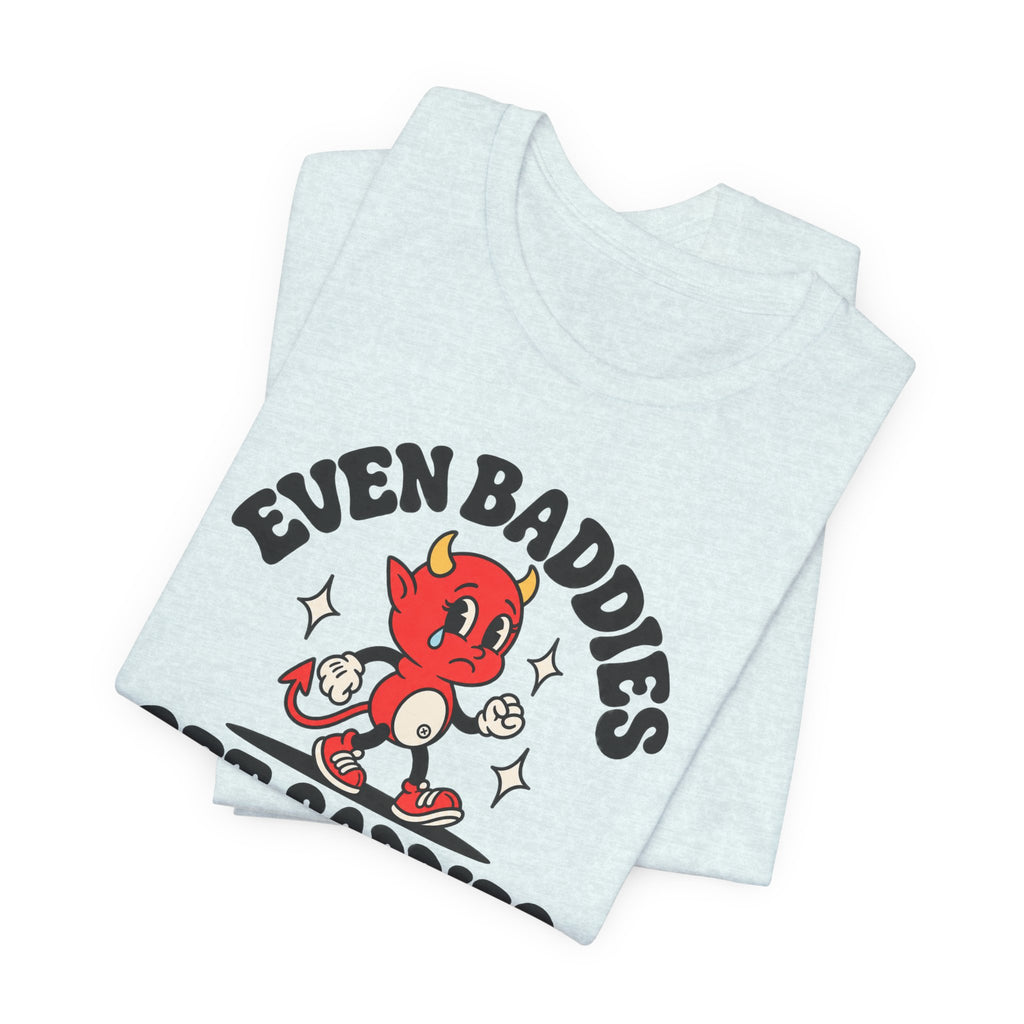 Graphic Tee — "Even Baddies Get Saddles" Cute Devil Skate T-Shirt