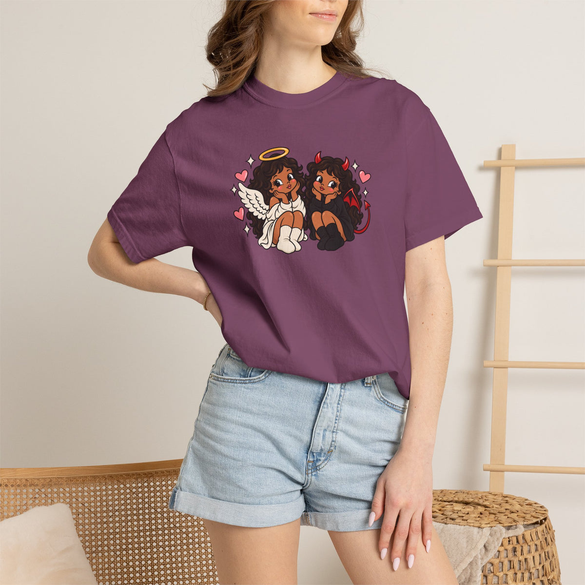 Angel and Devil Cute Graphic Tee — Kawaii Couple Illustration T-Shirt