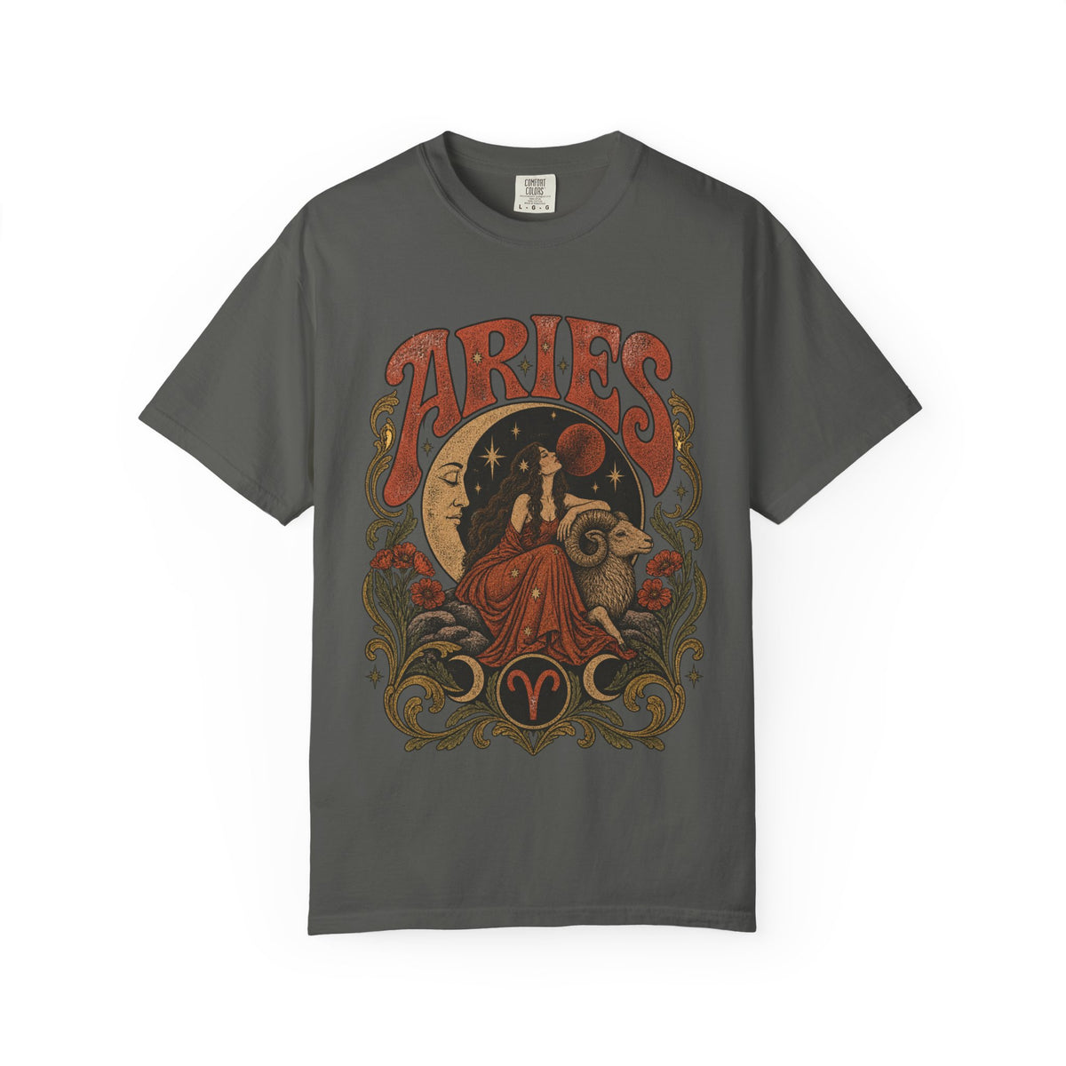 Aries Zodiac T‑Shirt — Vintage Moon & Ram Astrology Tee