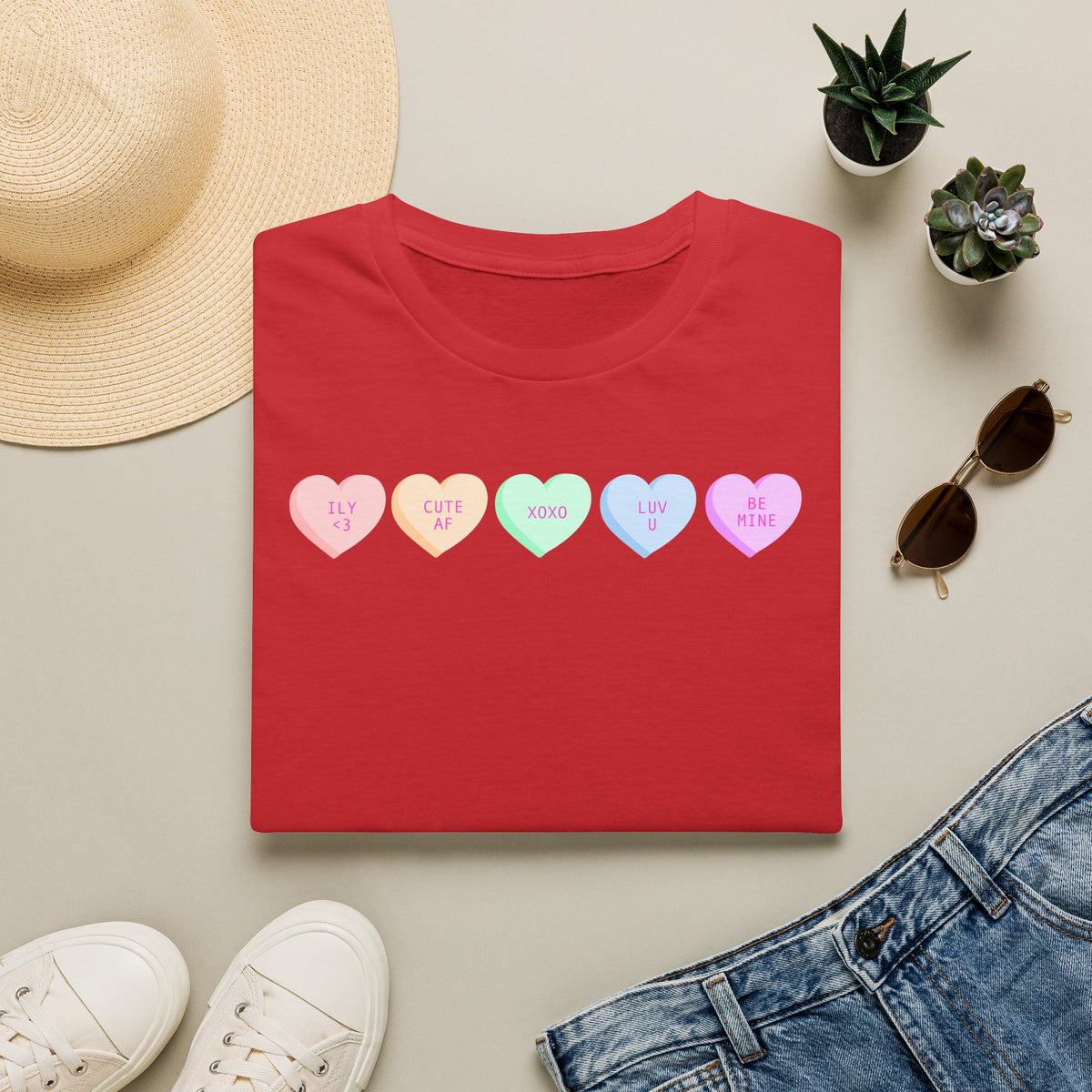 Conversation Heart Candy T-Shirt — Pastel ‘Be Mine, Cute AF, XOXO, Luv U’ Graphic