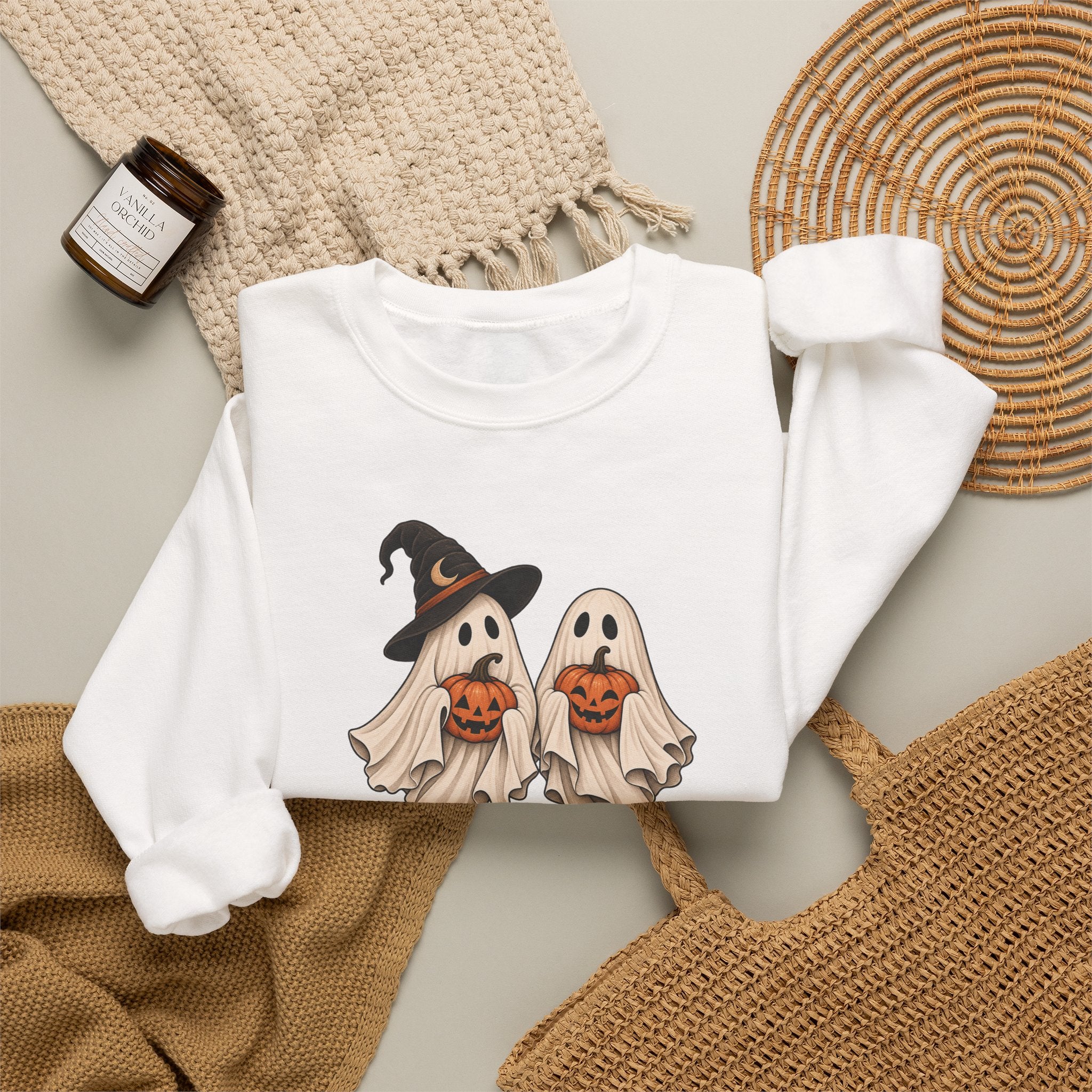 Halloween Ghosts Crewneck Sweatshirt — Cute Witch & Ghost Trick-or-Treat Design