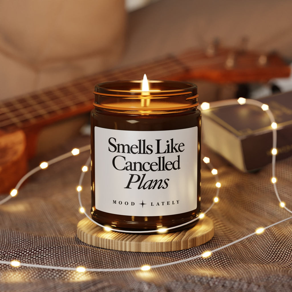 Smells Like Cancelled Plans — Funny Scented Soy Candle Amber Jar
