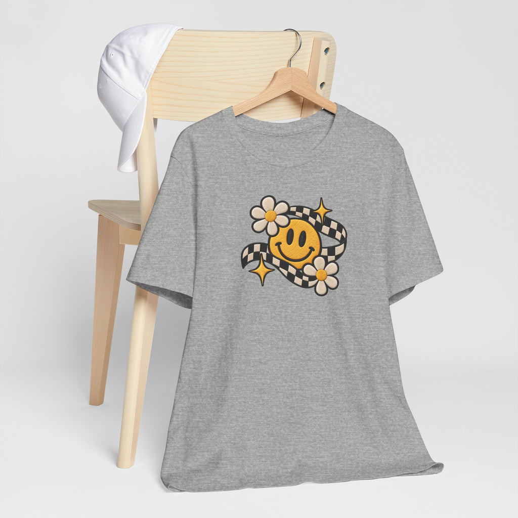 Smiley Flower Checkerboard Tee — Retro Happy Face Graphic T-Shirt