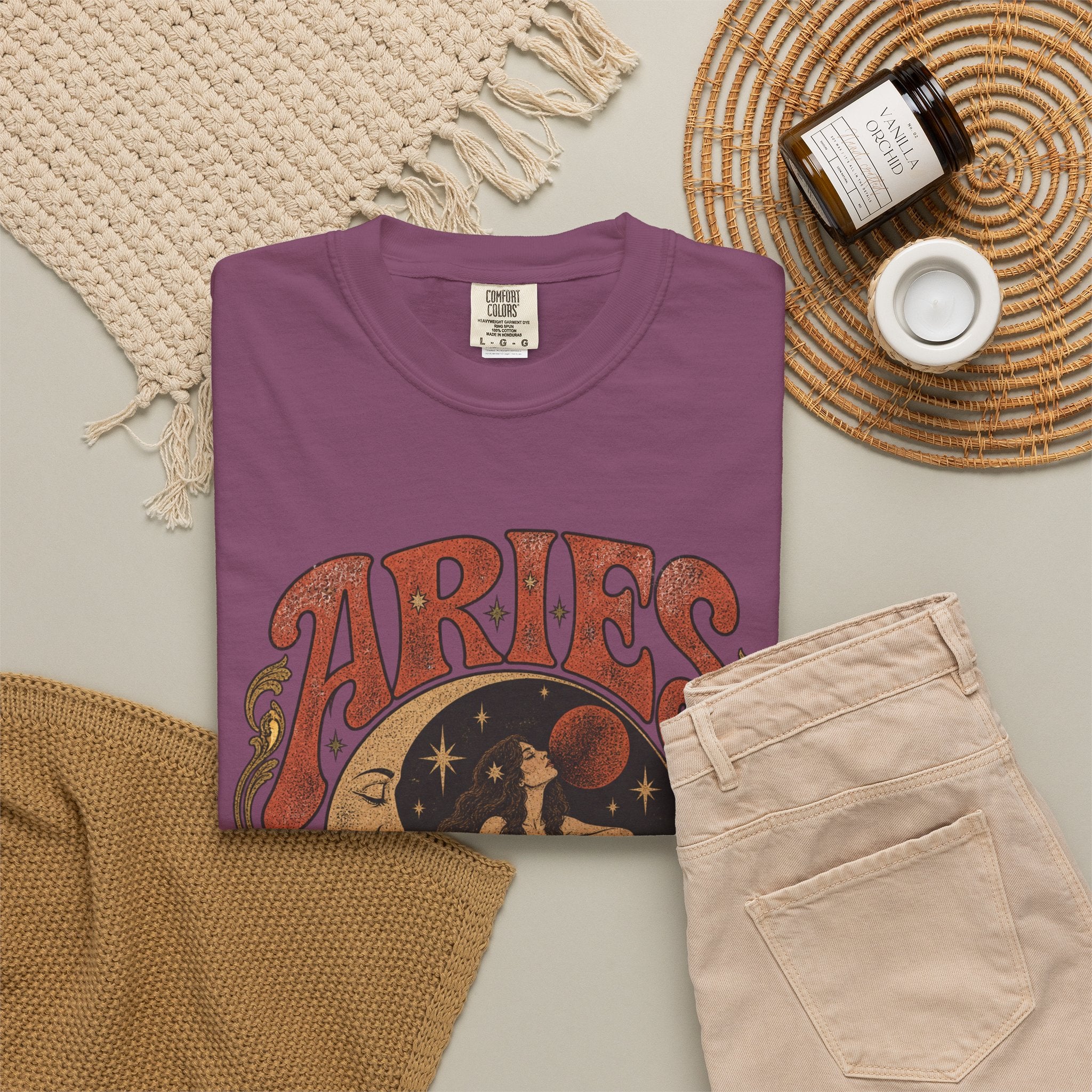 Aries Zodiac T‑Shirt — Vintage Moon & Ram Astrology Tee