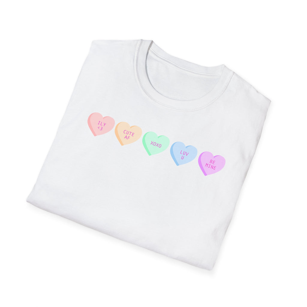 Conversation Heart Candy T-Shirt — Pastel ‘Be Mine, Cute AF, XOXO, Luv U’ Graphic