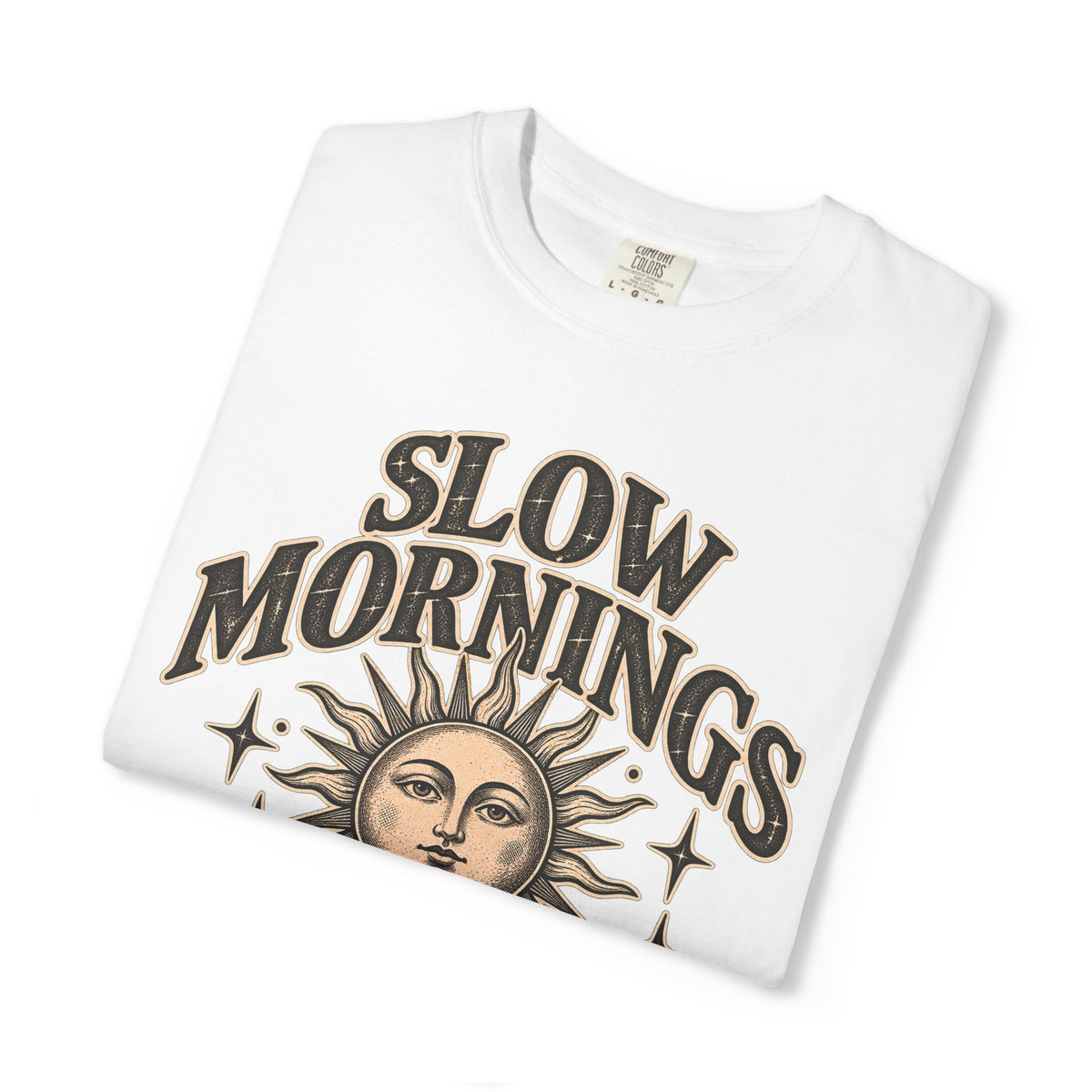 Slow Mornings Tee — Retro Sunrise Garment-Dyed Graphic T-Shirt
