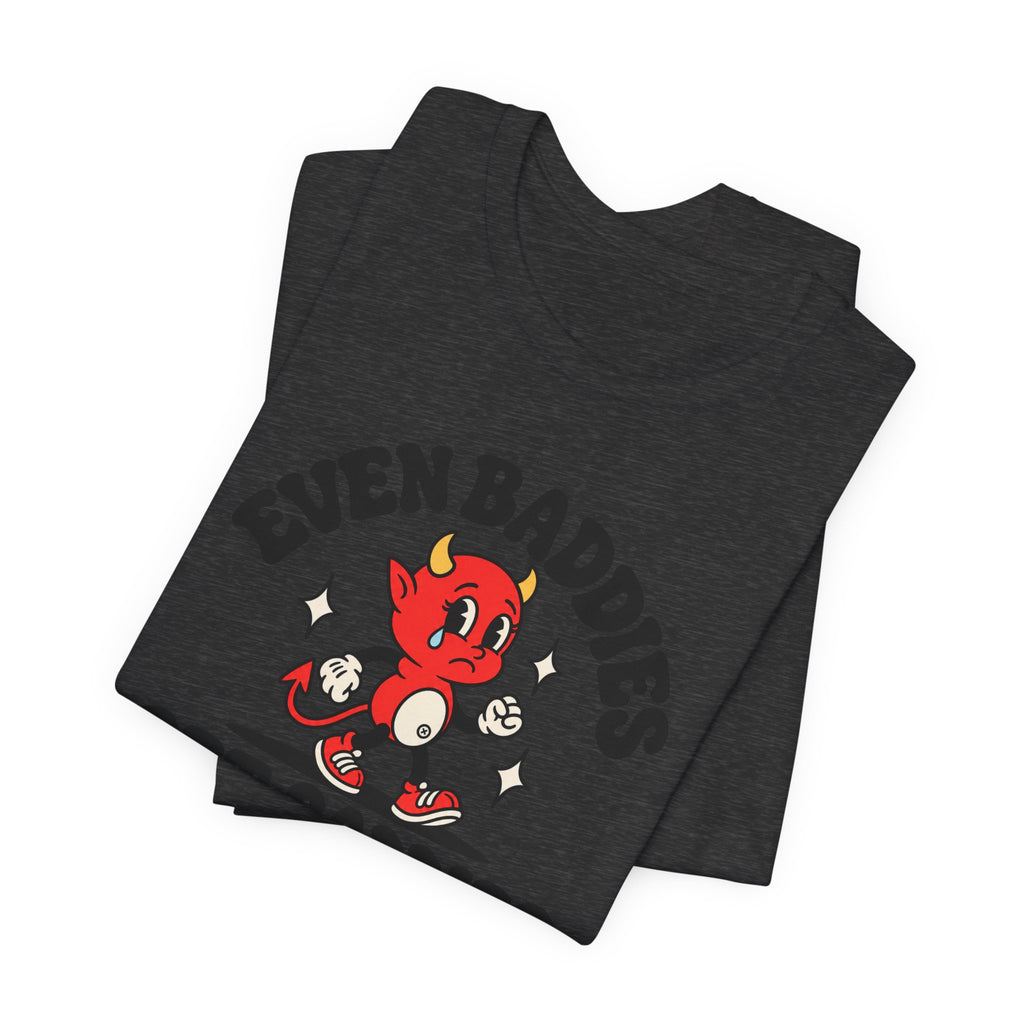 Graphic Tee — "Even Baddies Get Saddles" Cute Devil Skate T-Shirt