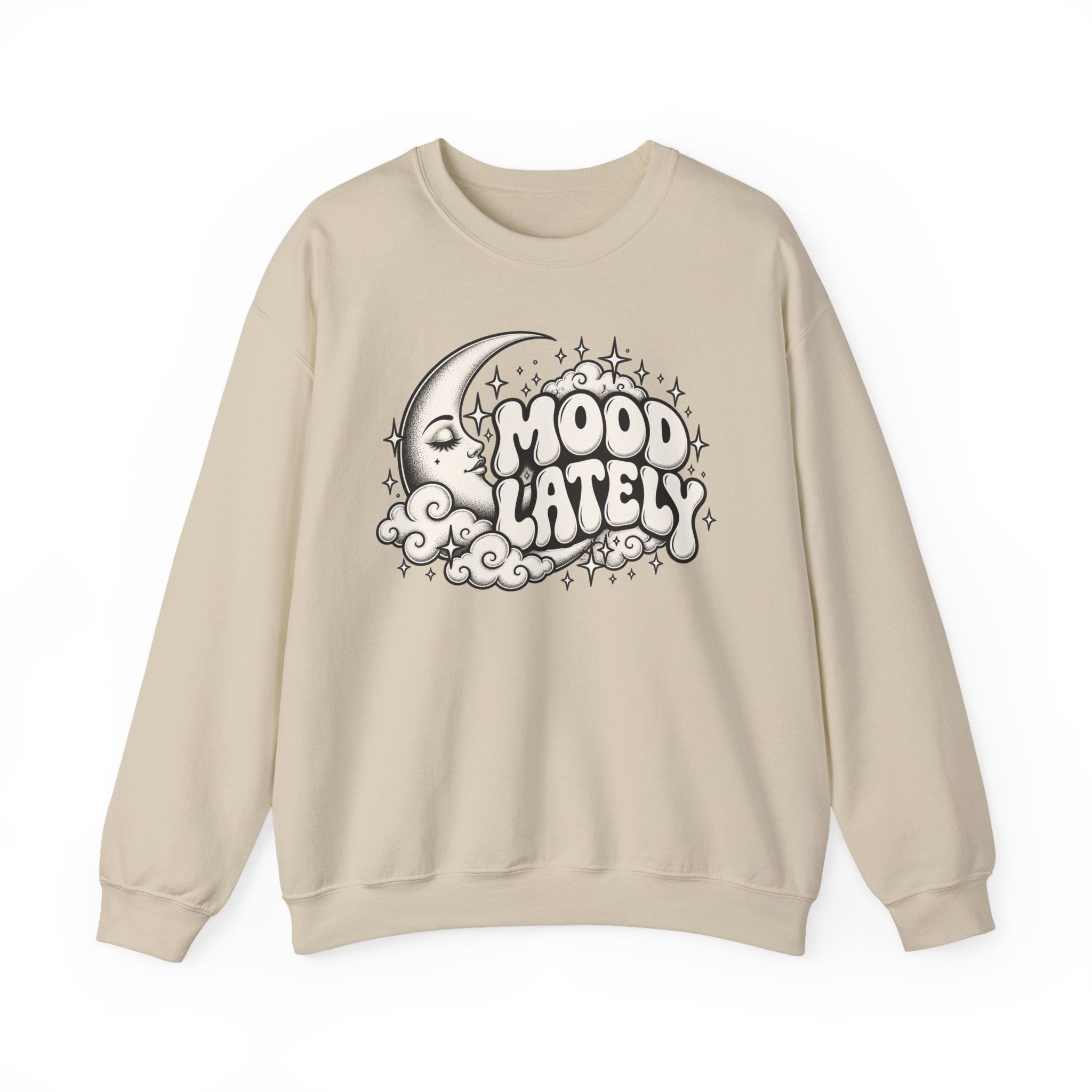 Mood Lately Crewneck Sweatshirt — Retro Moon & Cloud Graphic