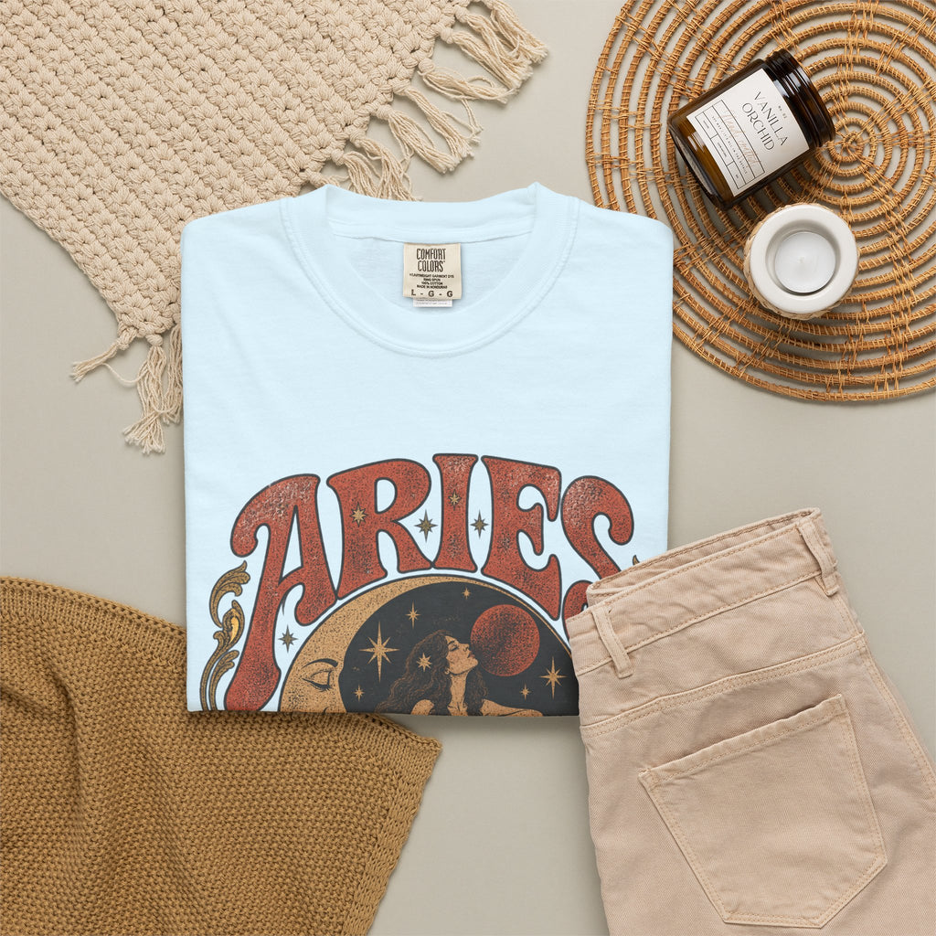 Aries Zodiac T‑Shirt — Vintage Moon & Ram Astrology Tee