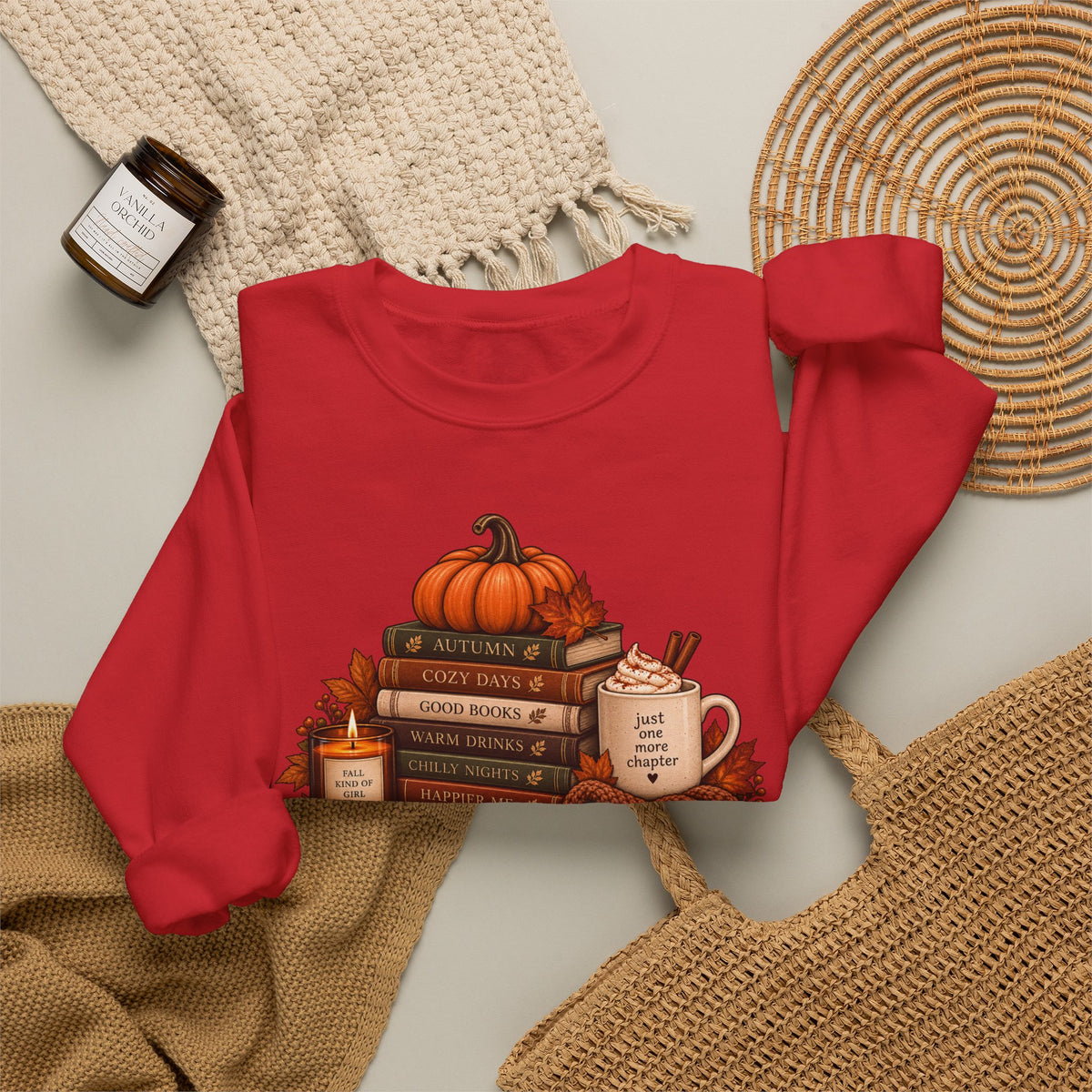 Fall Bookstack Crewneck Sweatshirt — Cozy Pumpkin Reading Vibes
