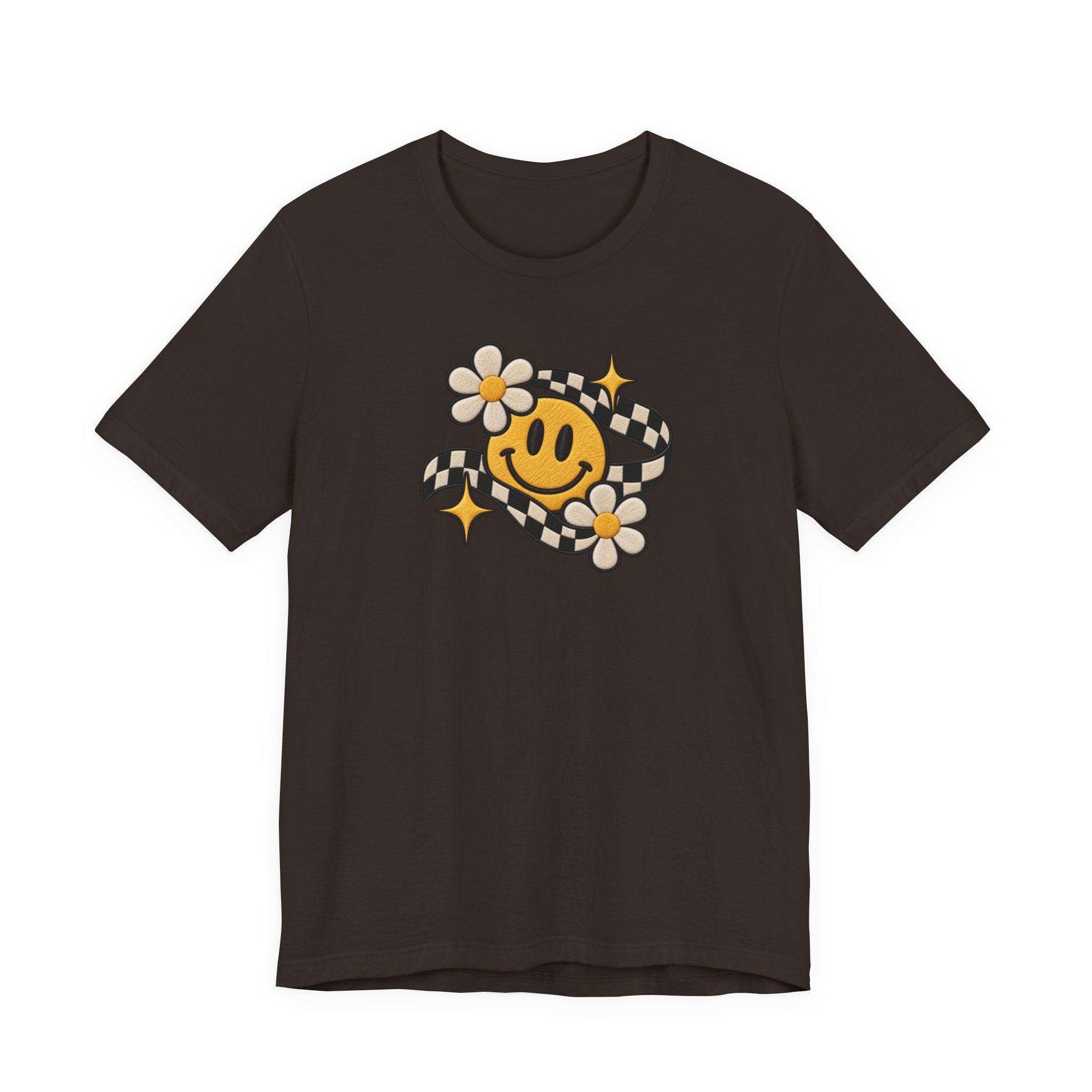 Smiley Flower Checkerboard Tee — Retro Happy Face Graphic T-Shirt