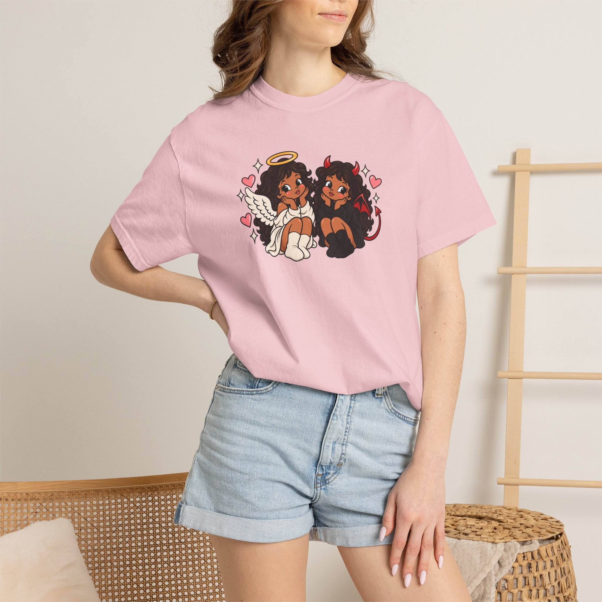 Angel and Devil Cute Graphic Tee — Kawaii Couple Illustration T-Shirt
