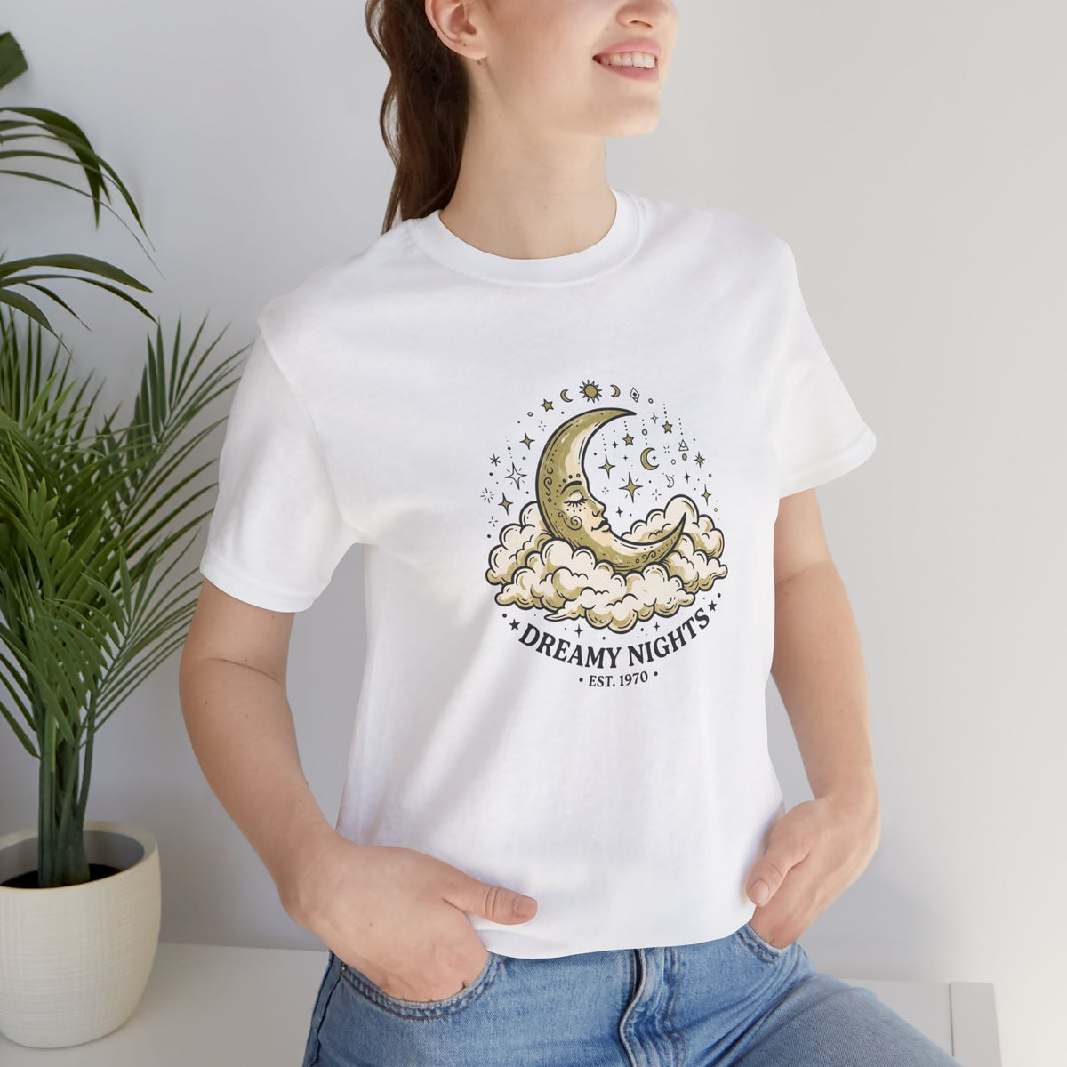 Dreamy Nights Moon Tee — Vintage Crescent Moon & Clouds Shirt