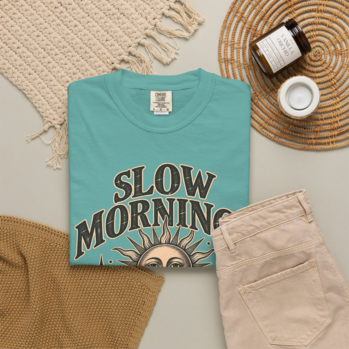 Slow Mornings Tee — Retro Sunrise Garment-Dyed Graphic T-Shirt