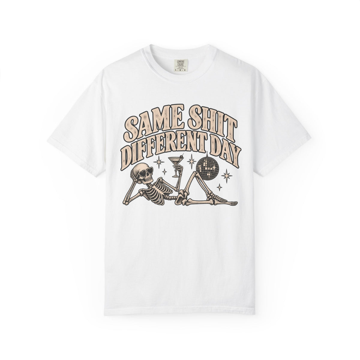 Same Shit Different Day Tee — Retro Skeleton Disco Graphic T-Shirt