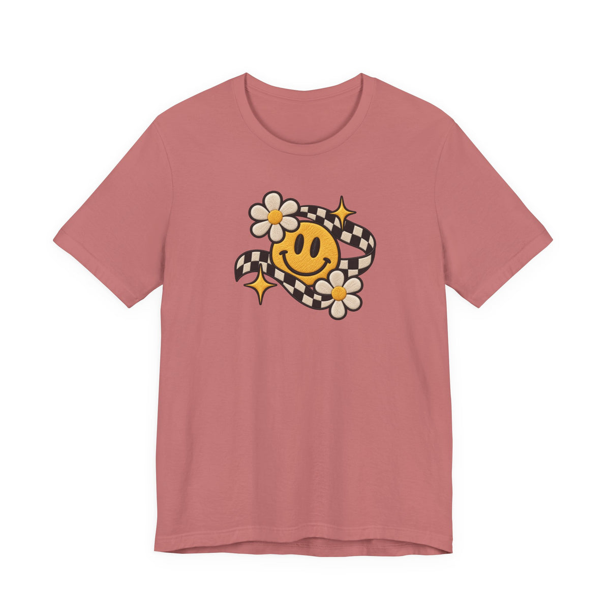 Smiley Flower Checkerboard Tee — Retro Happy Face Graphic T-Shirt